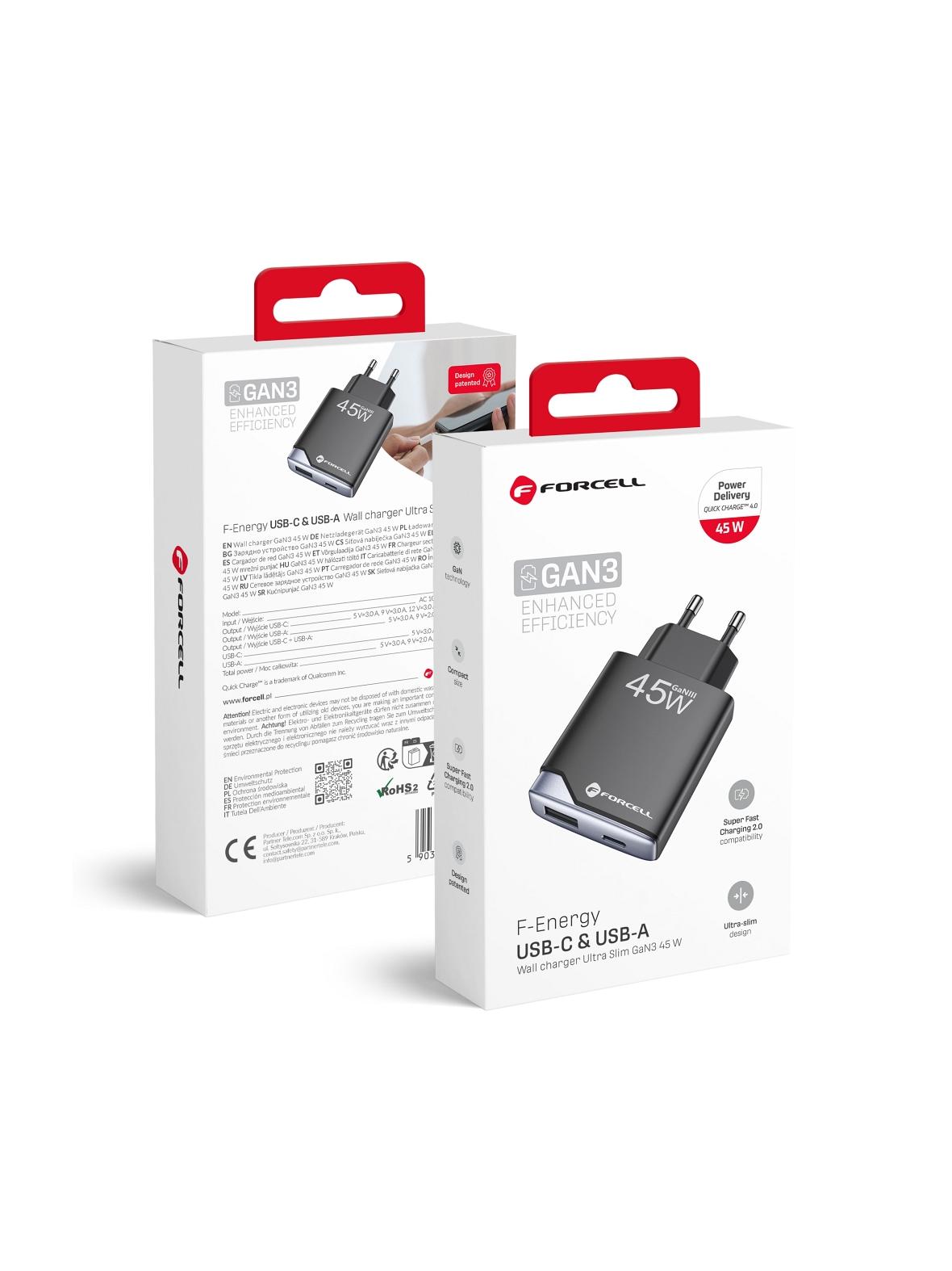 Ładowarka sieciowa do telefonu Forcell F-Energy Ultra Slim GaN III USB C + USB A PD QC4.0 3A 45W B245202(1A1C) czarna