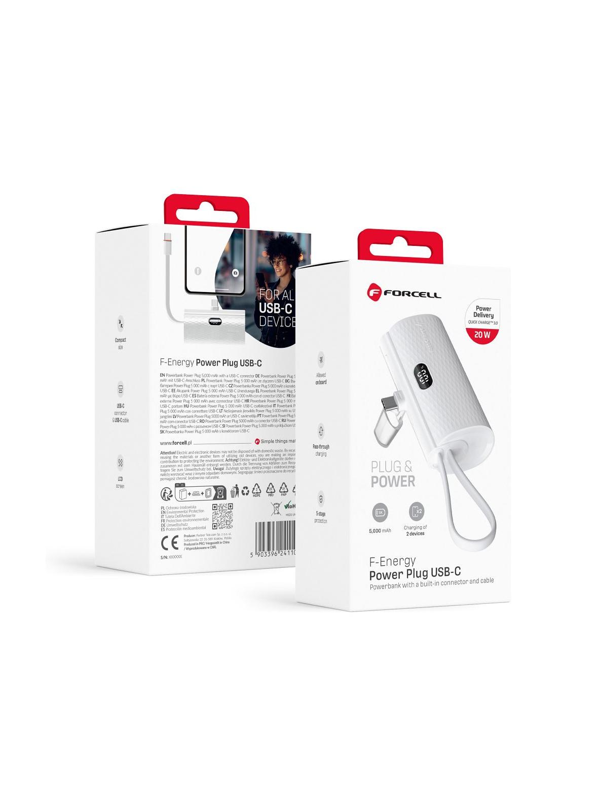 Powerbank Forcell F-Energy Power Plug F5K3 PD 20W 5000 mAh z wbudowanym złączem USB C biały