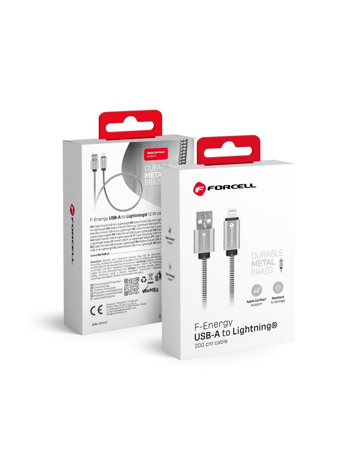 Kabel USB A do Lightning Forcell F-Energy 2,4A 12W Metal 2 m C236 srebrny
