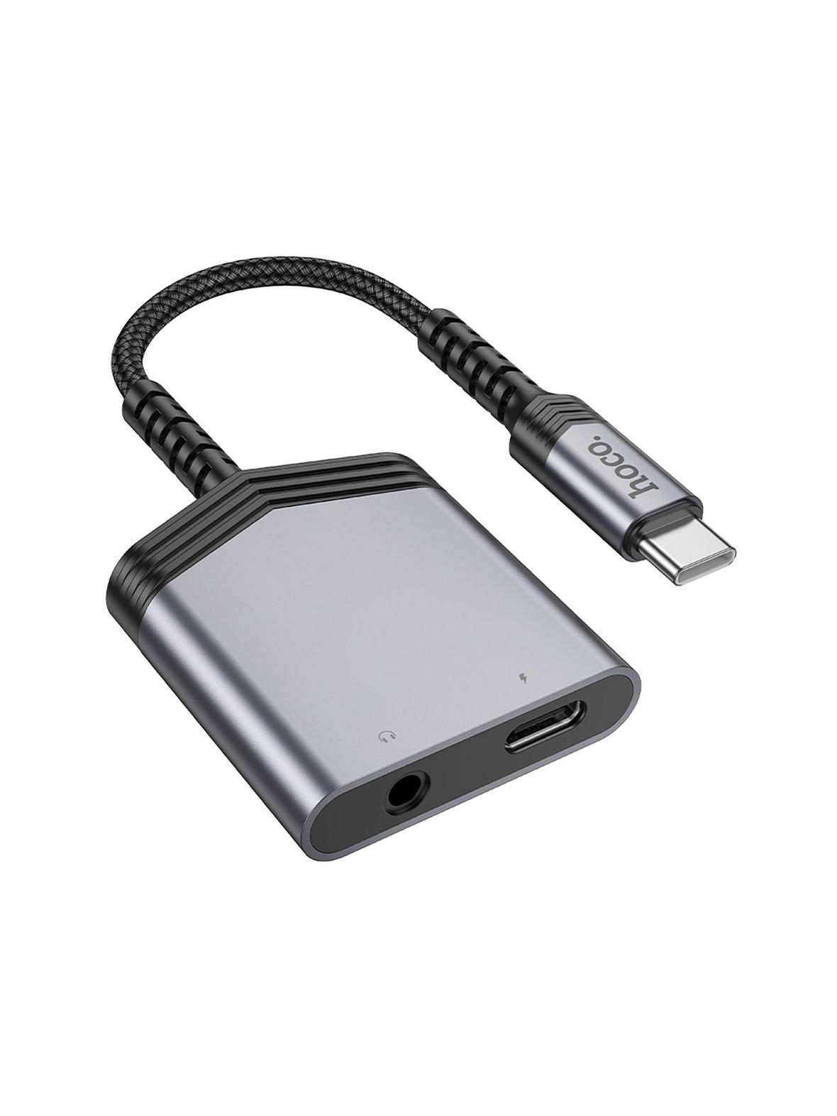 Adapter AUX 2w1 USB C do USB C / Jack 3,5 mm Hoco 27W LS39 szary