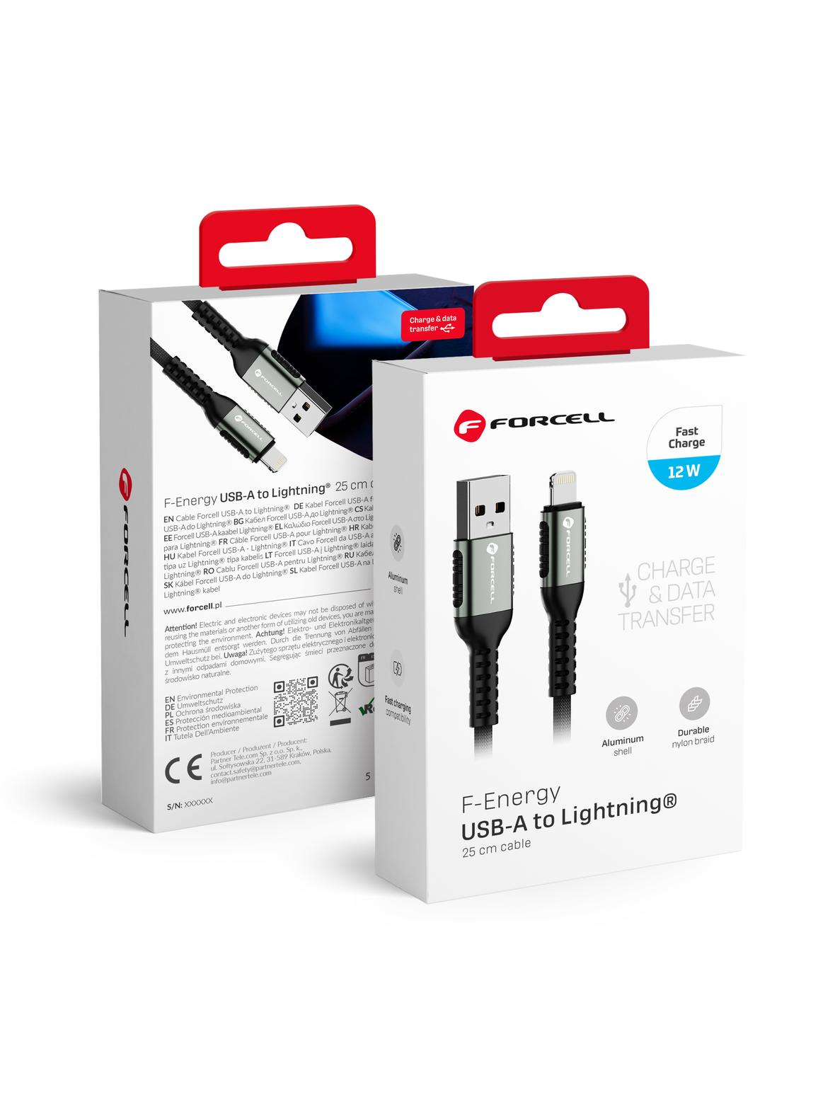 Kabel USB A do Lightning Forcell F-Energy 2,4A 12W Cafule 0,25 m C257 czarny