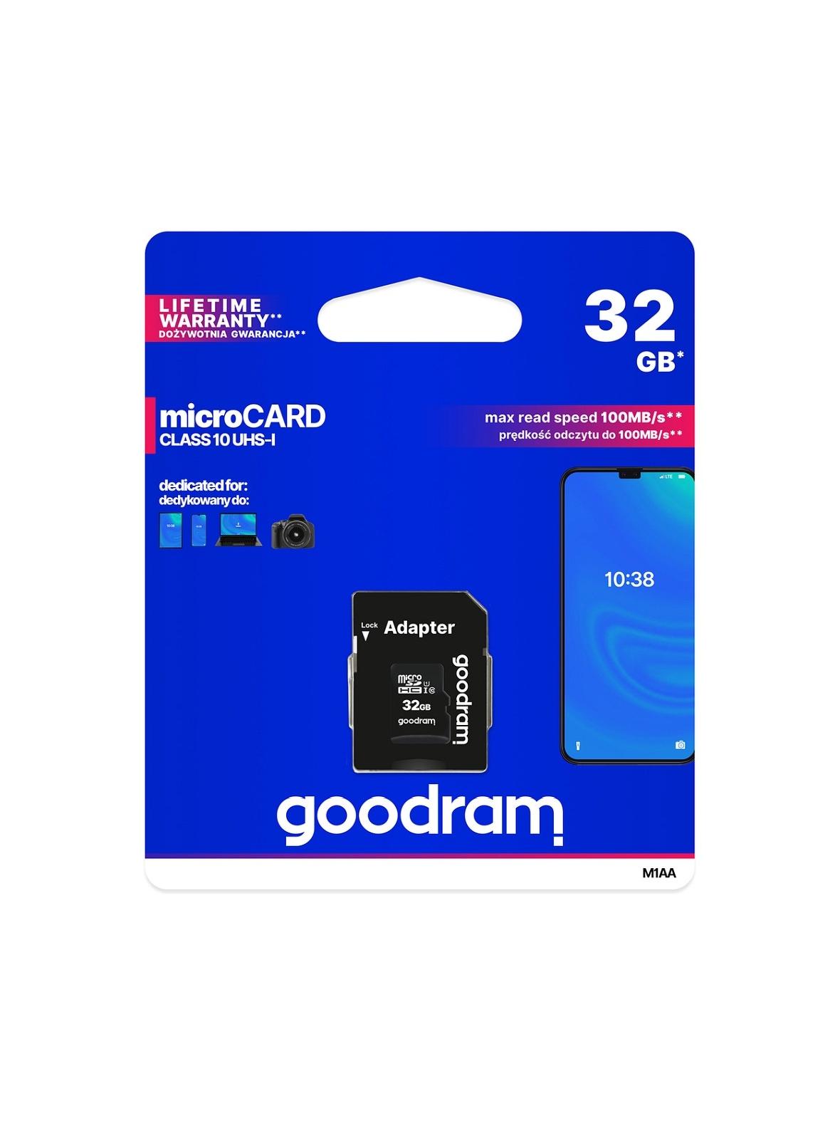 GOODRAM karta pamięci microSD 32GB 100MB/s class 10 UHS I z adapterem SD
