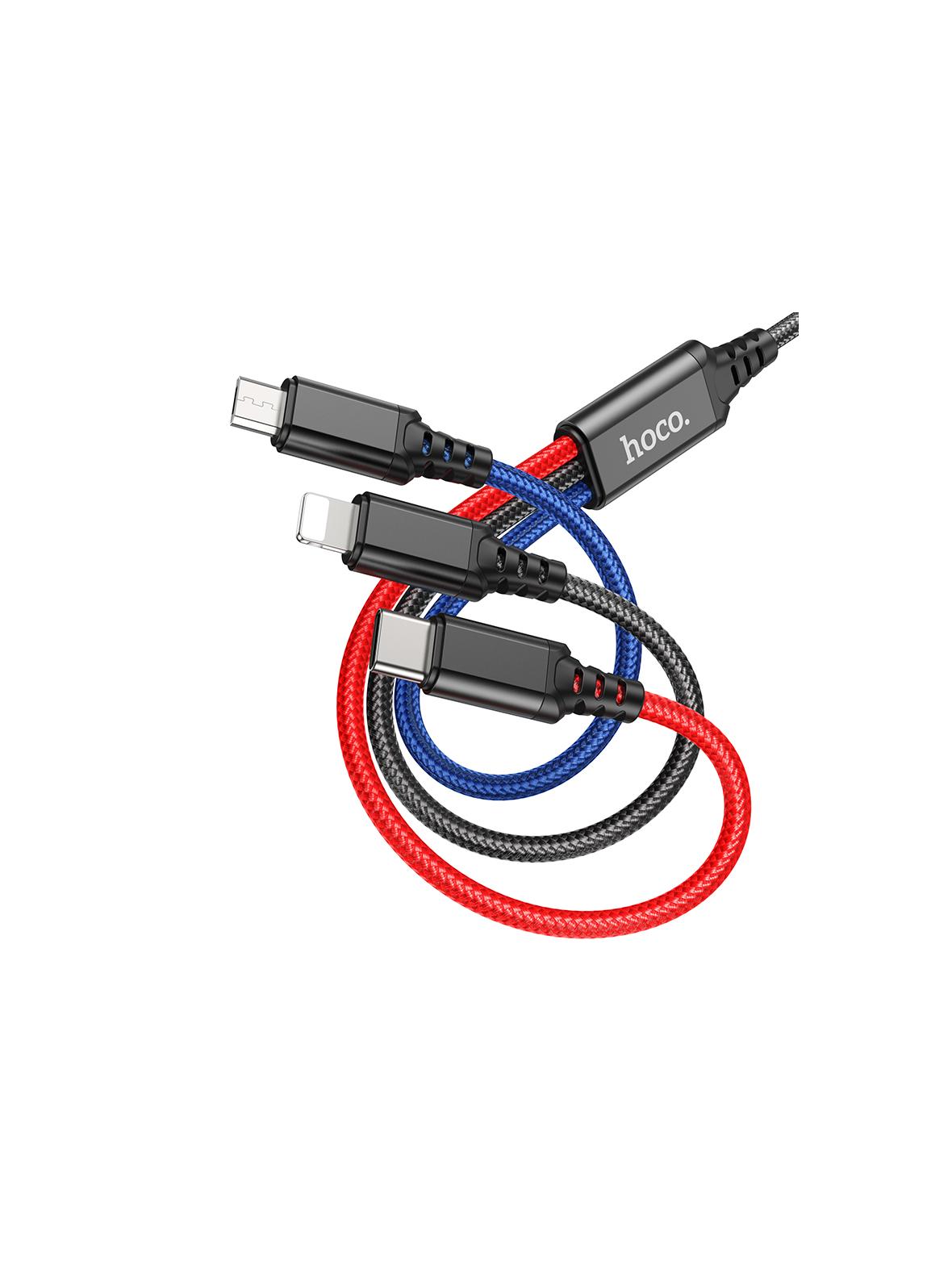 Kabel 3w1 USB A do Lightning / Micro USB / USB C Hoco 2A 1 m X76 czarny / czerwony / niebieski
