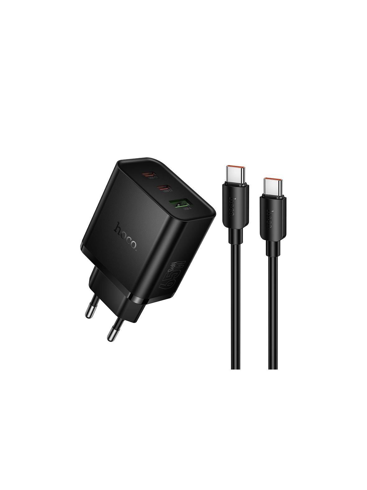 Ładowarka sieciowa do telefonu Hoco 2x USB C + USB A QC3.0 PD 3A 65W + kabel USB C do USB C N75 czarna
