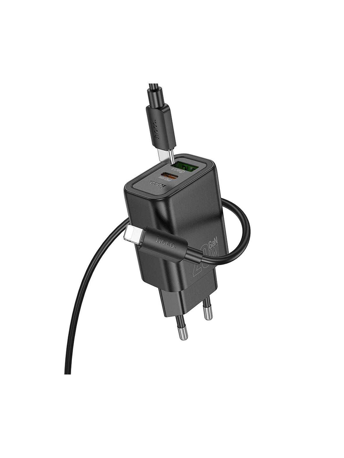 Ładowarka sieciowa do telefonu Hoco USB A + USB C QC3.0 PD 3A 20W + kabel USB C do Lightning N61 czarna