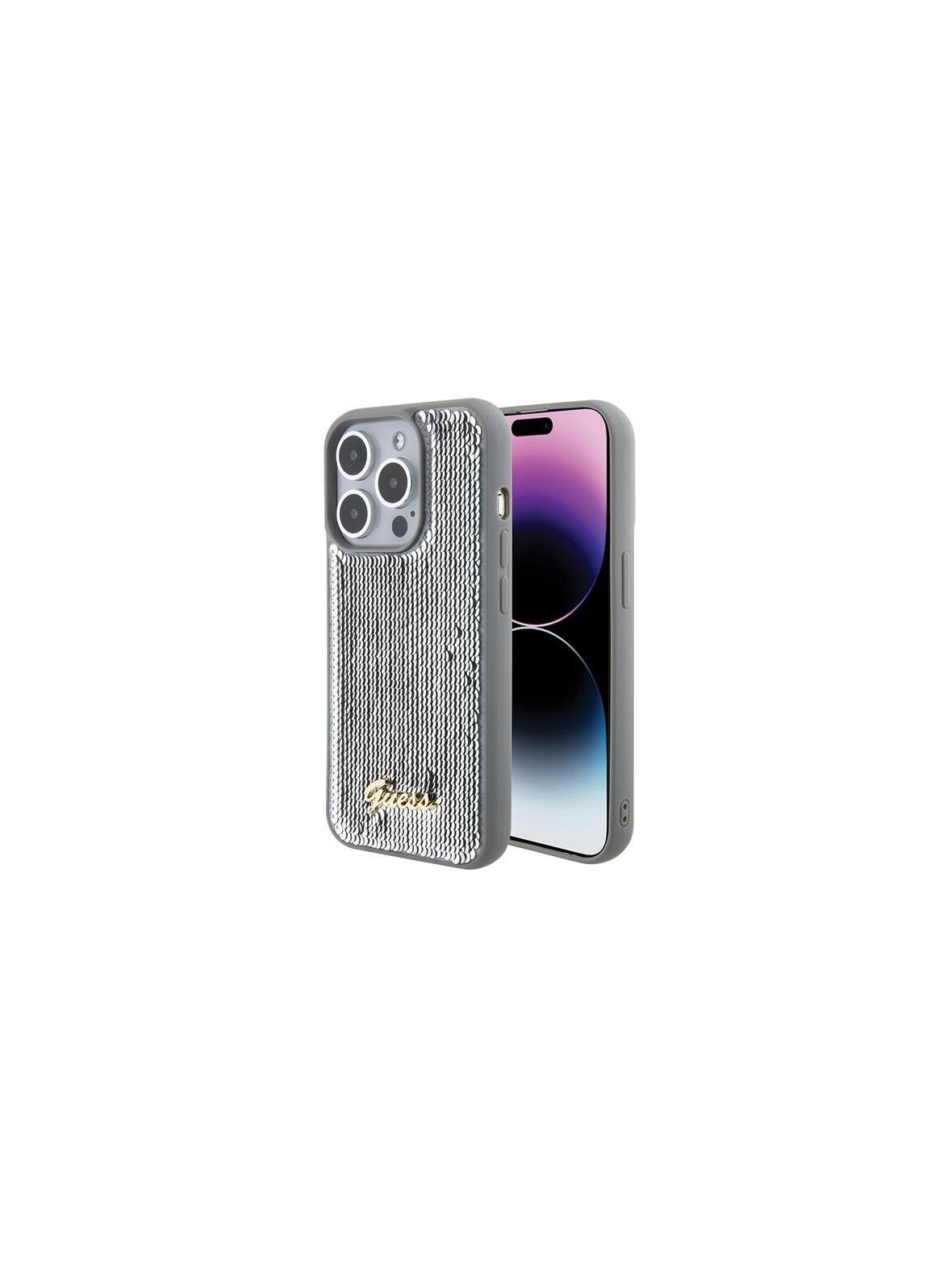 GUESS futerał do IPHONE 15 Pro GUHCP15LPSFDGSS (Sequin Script Metal) srebrny