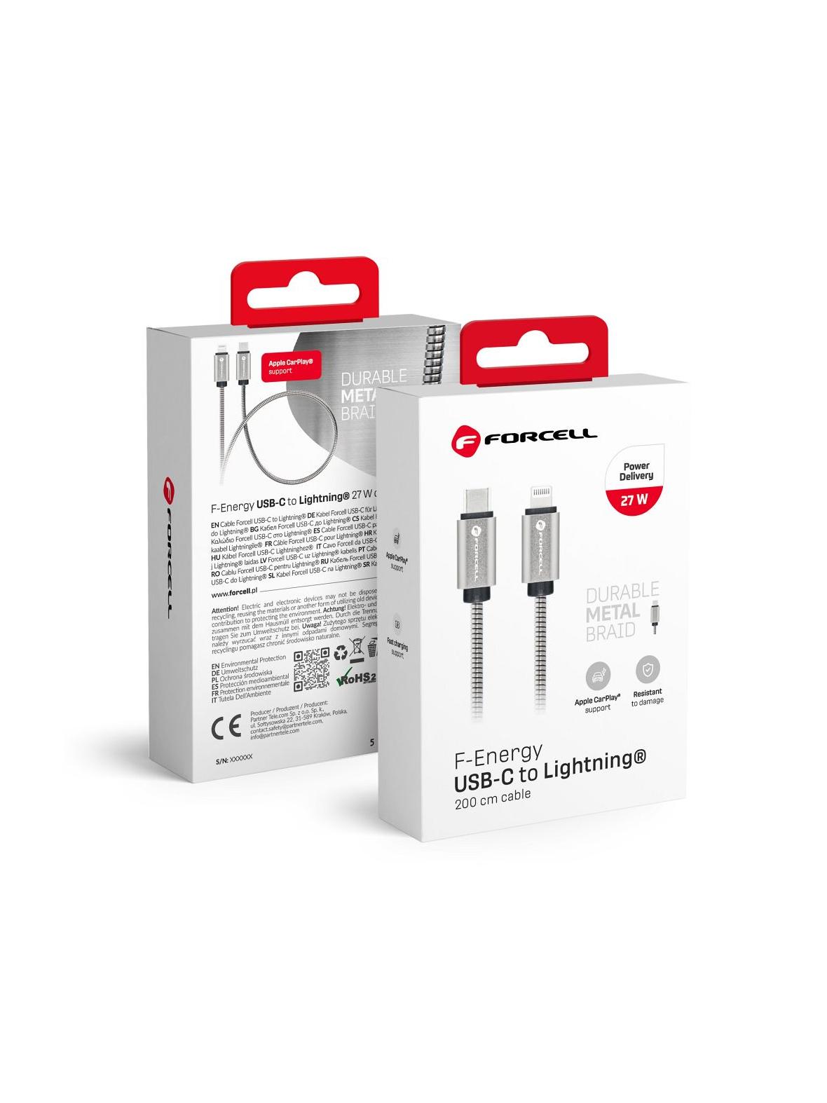 Kabel USB C do Lightning Forcell F-Energy PD 3A 27W Metal 2 m C238 srebrny