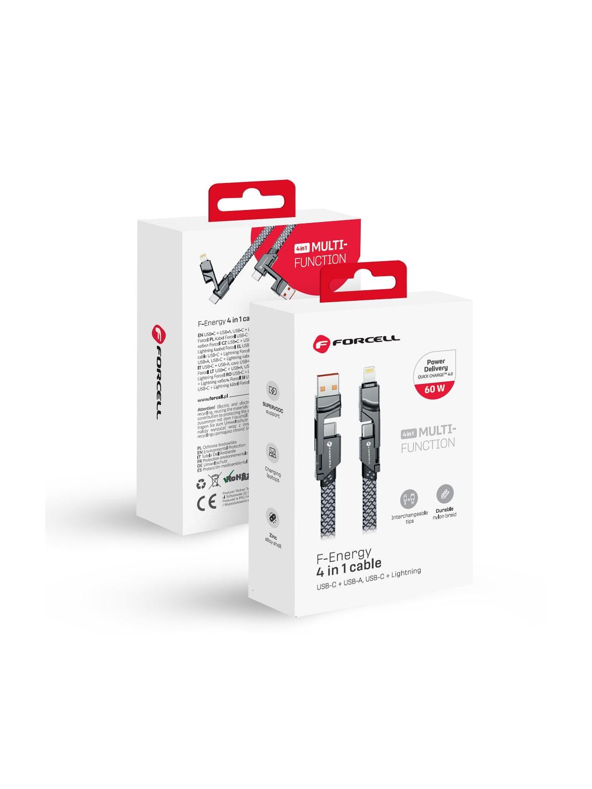 Kabel 4w1 USB C / USB A  do USB C / Lightning Forcell F-Energy QC PD 3A 60W 1 m C241 chrom