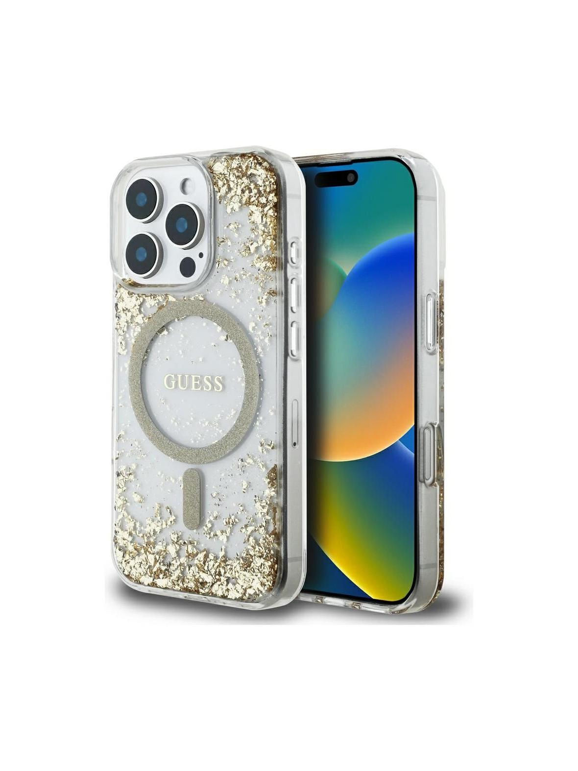 GUESS futerał do IPHONE 16 Pro Max kompatybilny z MagSafe GUHMP16XRGRGED (Resin Bottom Glitter) złoty