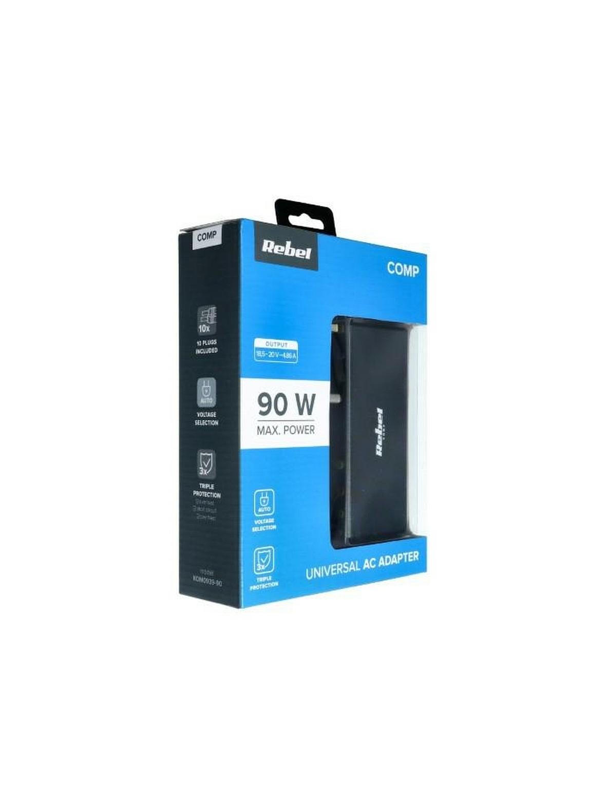 REBEL uniwersalny zasilacz sieciowy 90W 18-20V automatyczny 11 końcówek czarny