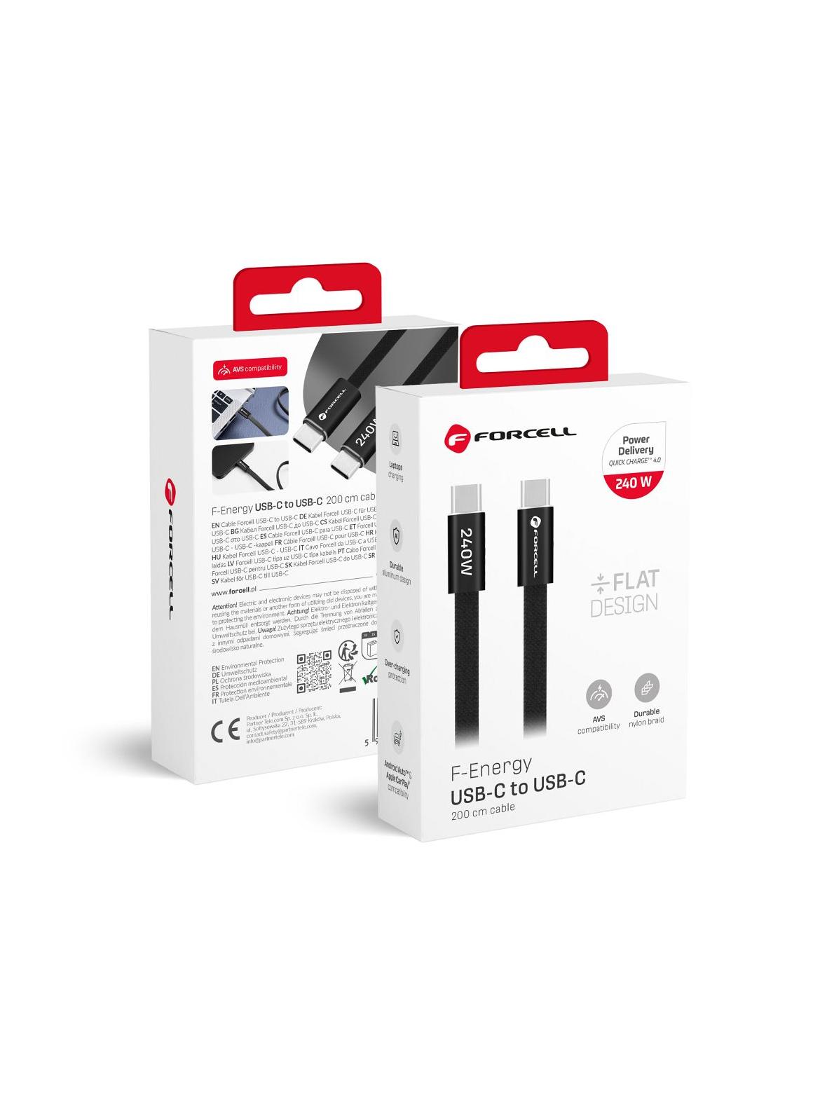 Kabel USB C do USB C Forcell F-Energy QC4.0 PD 5A 240W Cafule Flat 2 m CCFN23 czarny