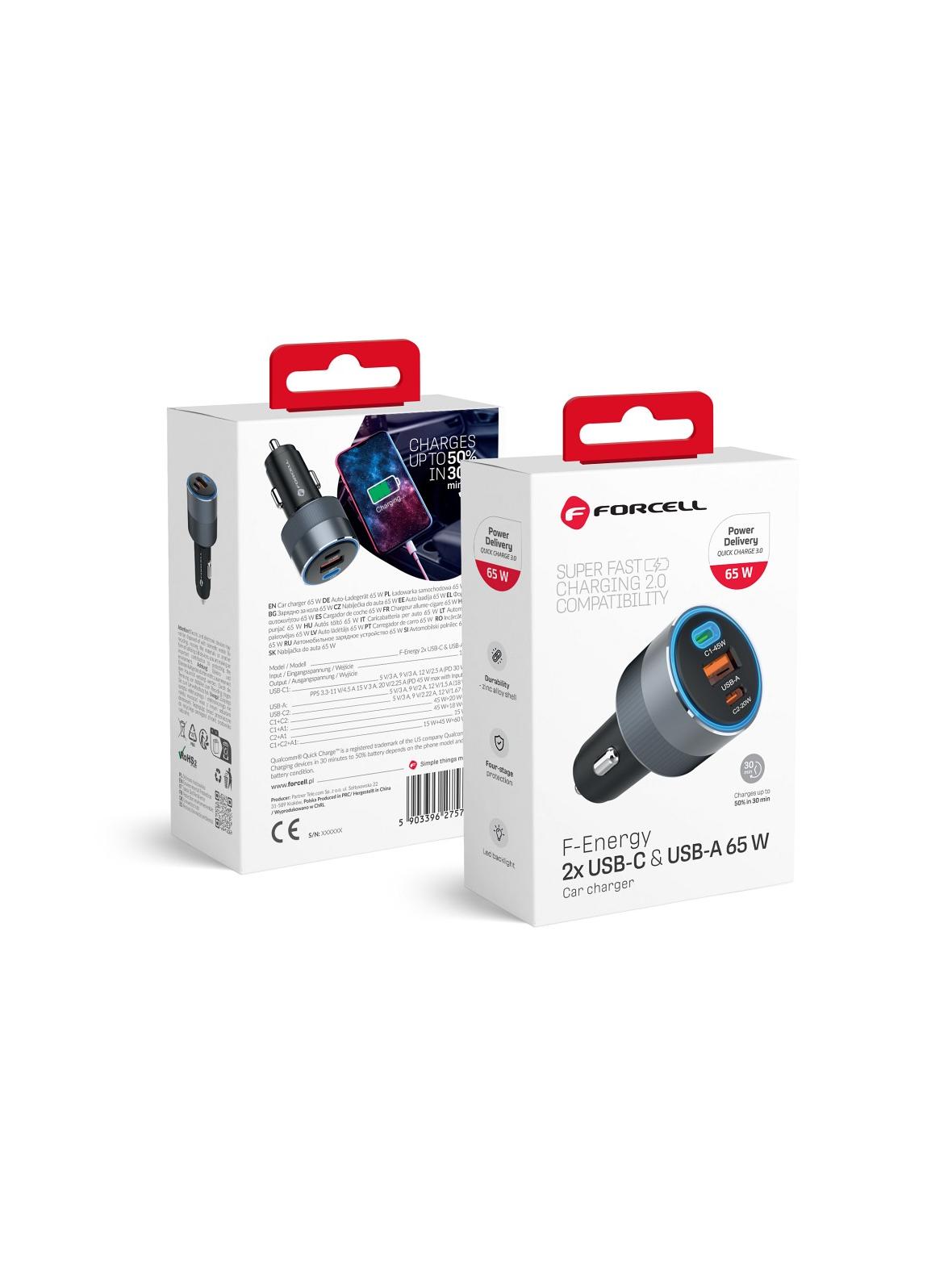 Ładowarka samochodowa Forcell F-Energy Alu 2 x USB C + USB A QC4.0 PD SFC2.0 4,5A 65W szara