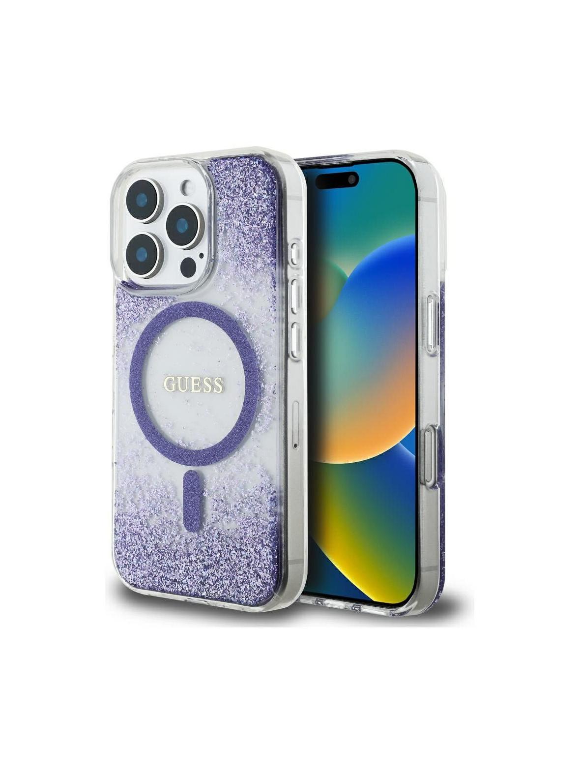 GUESS futerał do IPHONE 16 Pro kompatybilny z MagSafe GUHMP16LRGRGEU (Resin Bottom Glitter) fioletowy