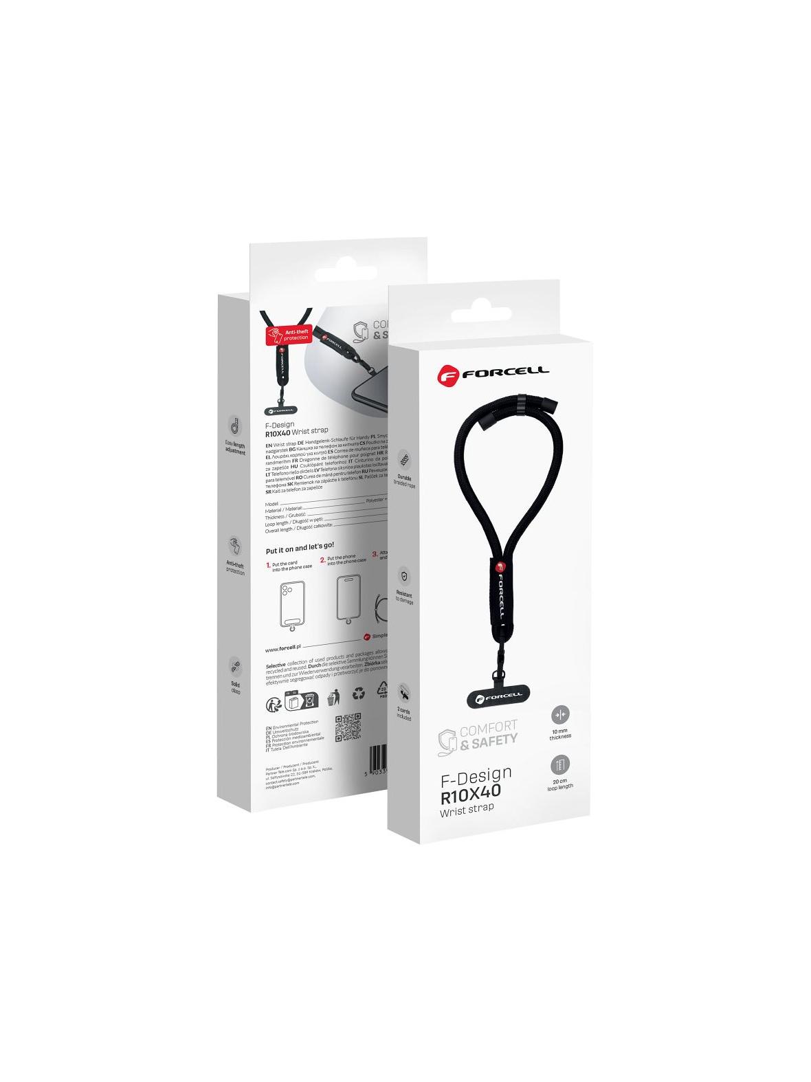 Smycz do telefonu na nadgarstek z regulacją długości Forcell F-Design R10X40 (max 20cm w pętli) czarna