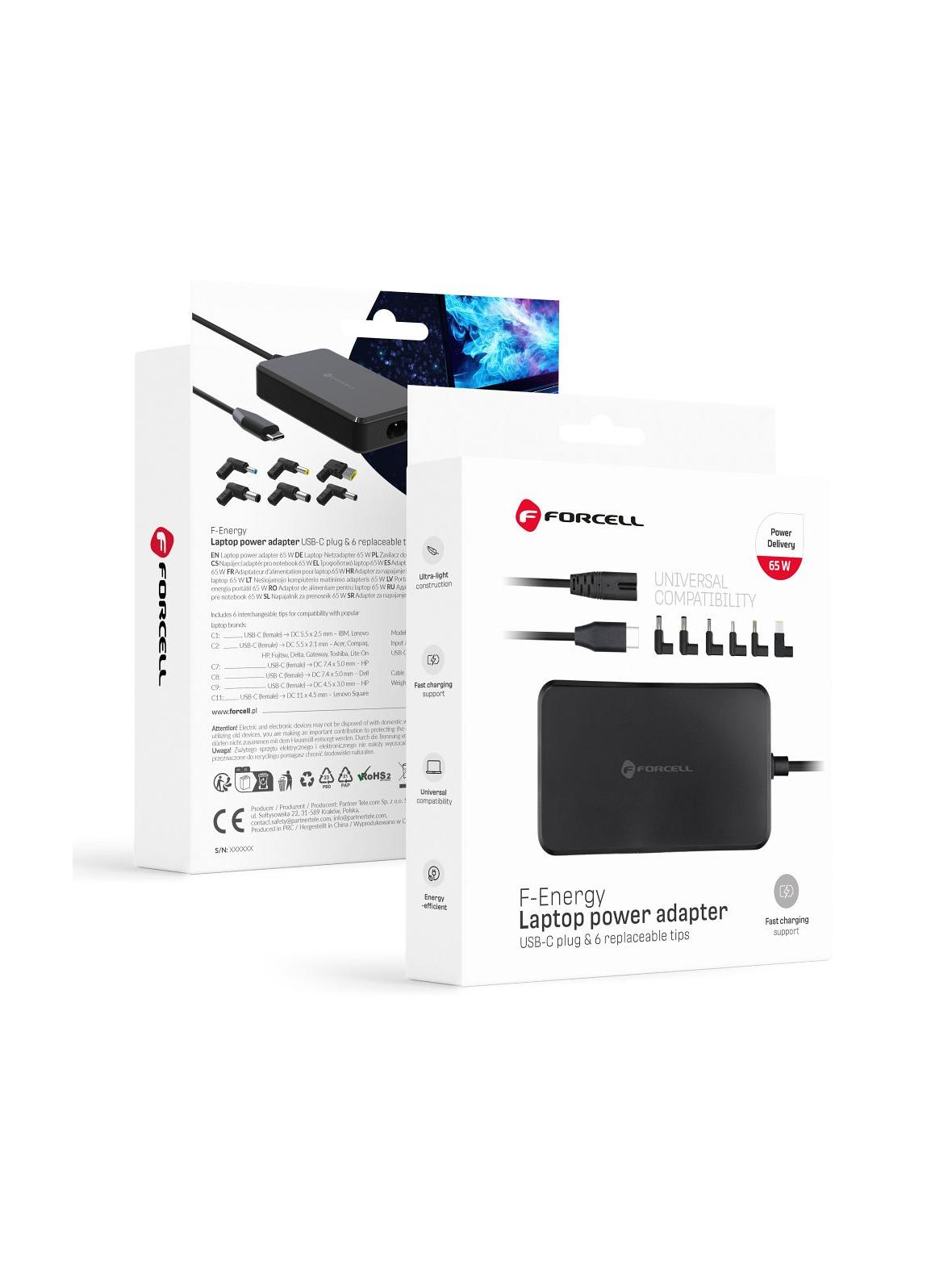 Uniwersalny zasilacz do laptopa 65W Forcell F-Energy E856 (6 końcówek) czarny