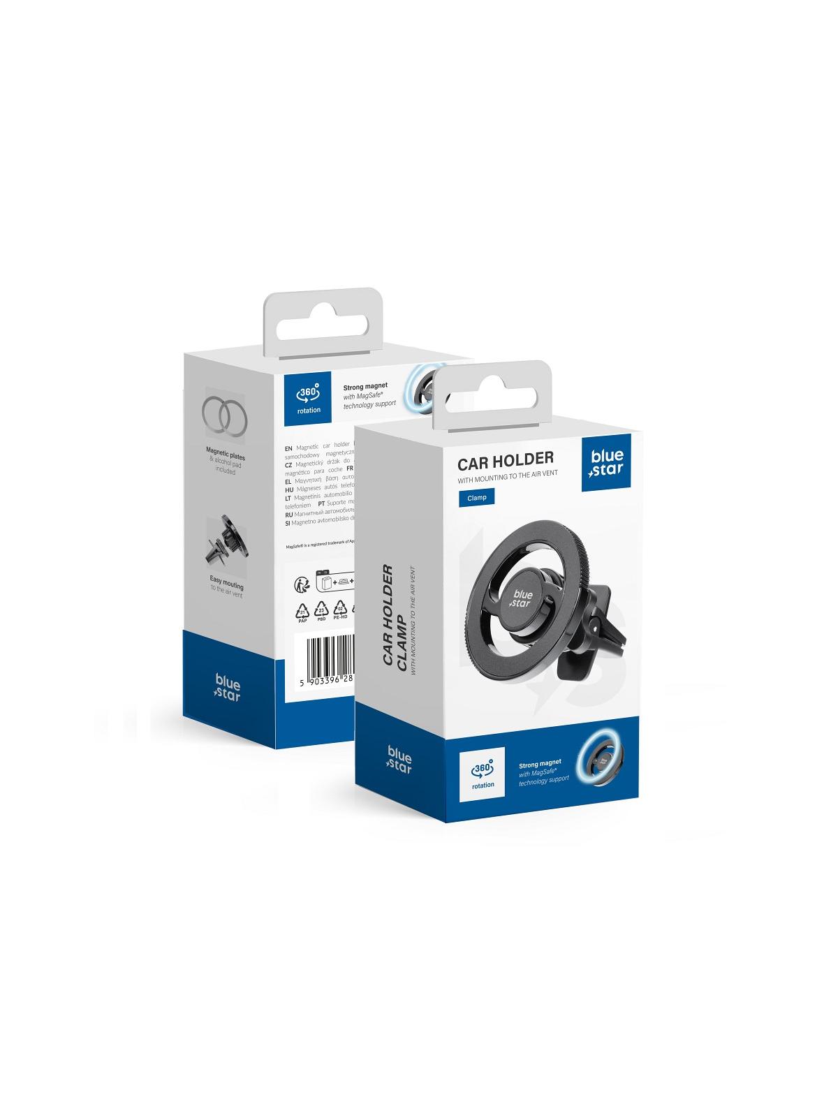 Uchwyt na telefon do samochodu magnetyczny zgodny z MagSafe Blue Star Clamp do kratki czarny