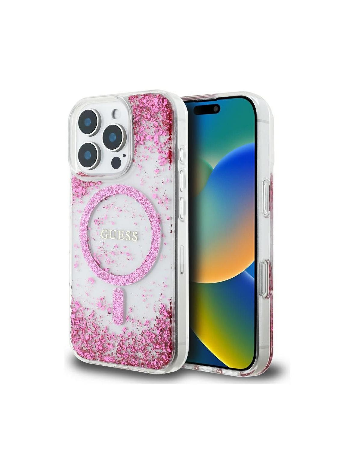 GUESS futerał do IPHONE 16 Pro kompatybilny z MagSafe GUHMP16LRGRGEP (Resin Bottom Glitter) różowy
