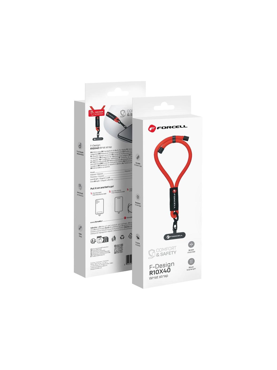 Smycz do telefonu na nadgarstek z regulacją długości Forcell F-Design R10X40 (max 20cm w pętli) czerwona