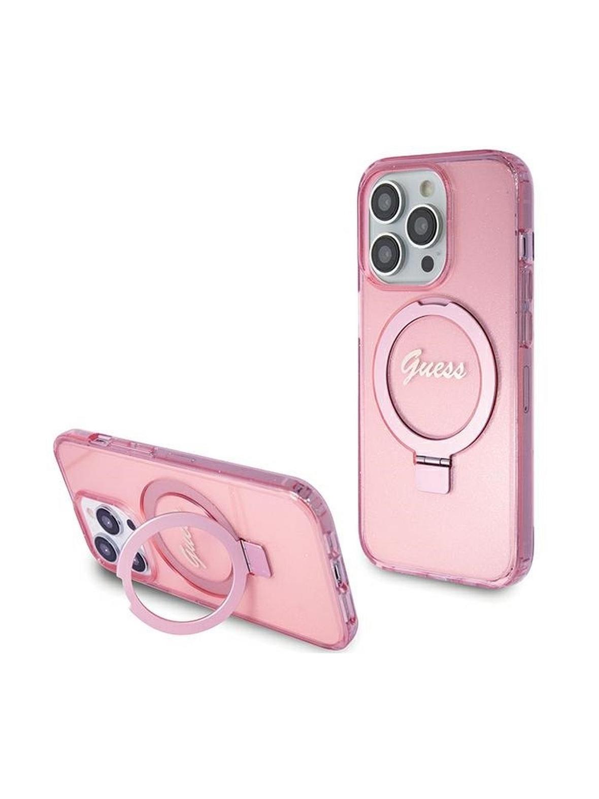 GUESS futerał do IPHONE 15 Pro kompatybilny z MagSafe GUHMP15LHRSGSP (Glitter Script Logo Ring stand) różowy