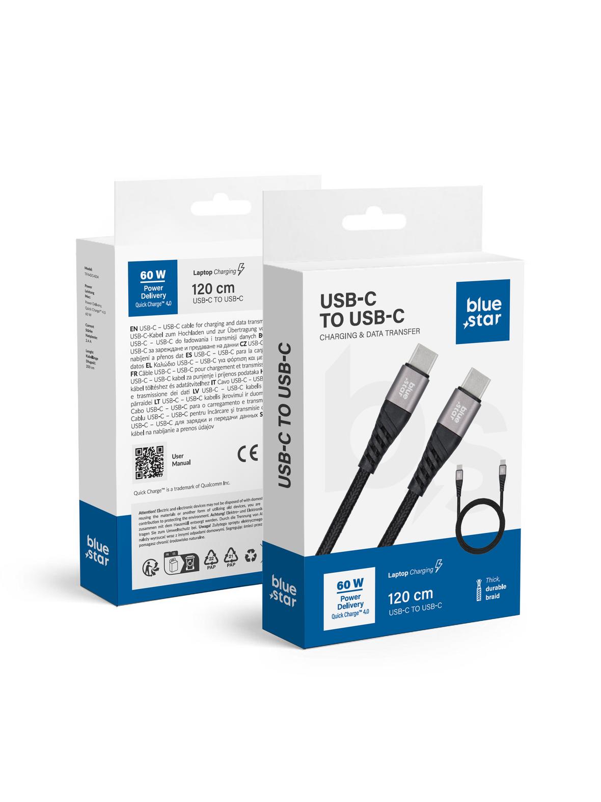 Kabel USB C do USB C Blue Star 3A 60W PD QC4.0 z oplotem 1,2 m TFK-DC-003 czarny