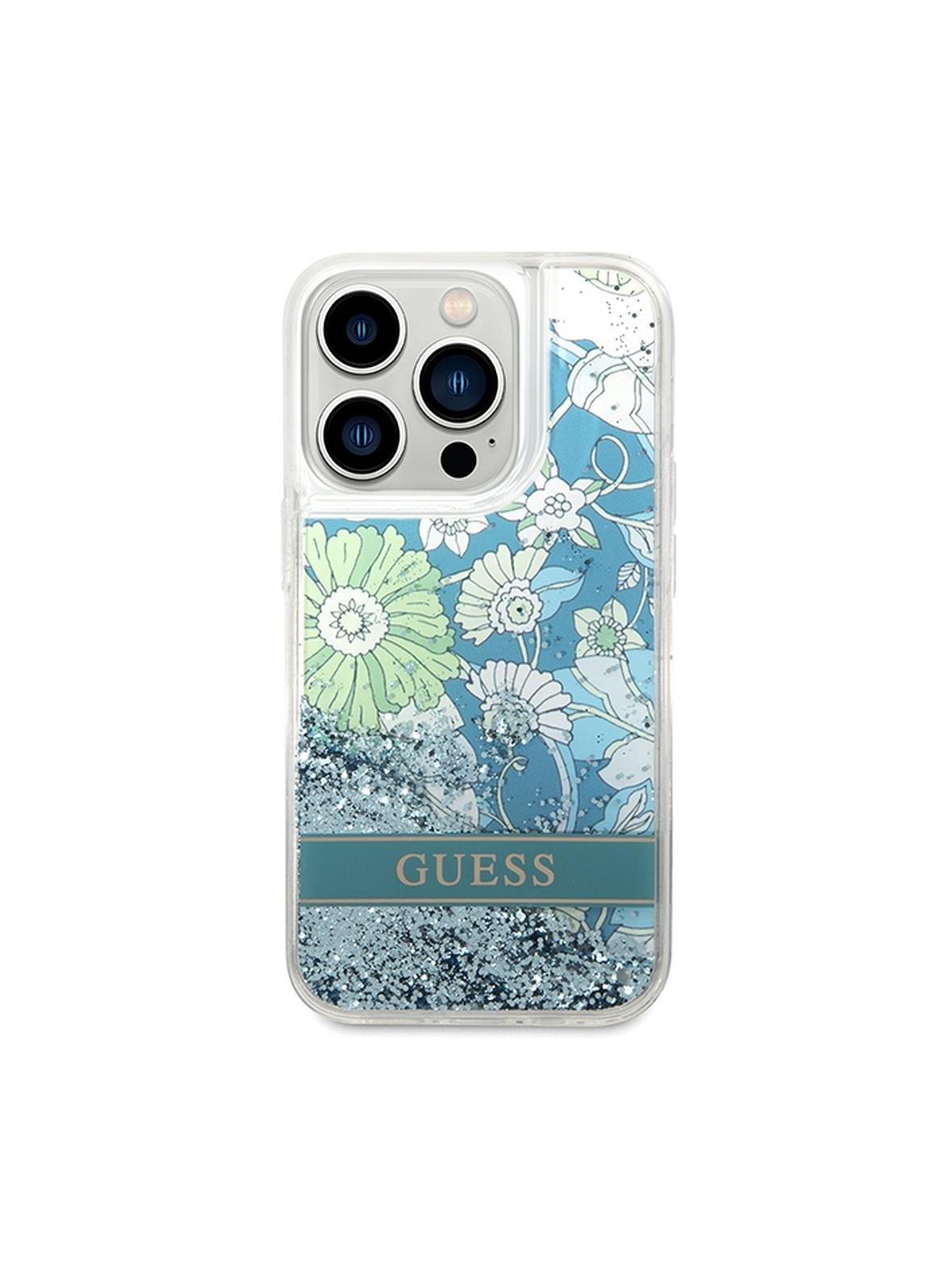 GUESS futerał do IPHONE 14 Pro GUHCP14LLFLSN (Liqide Glitter Flower) zielony
