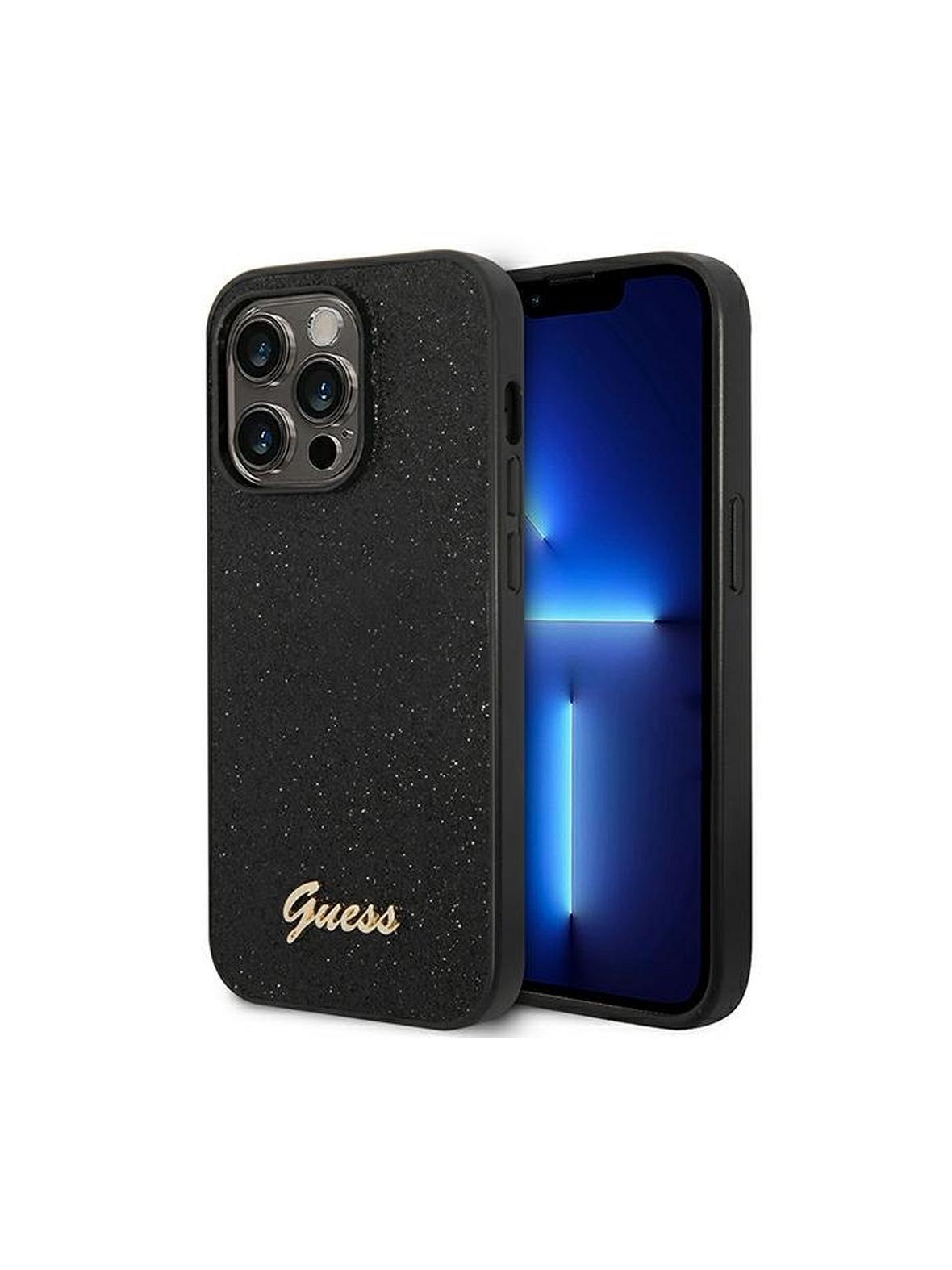 GUESS futerał do IPHONE 14 Pro GUHCP14LHGGSHK (Glitter Flakes Script Metal Logo) czarny