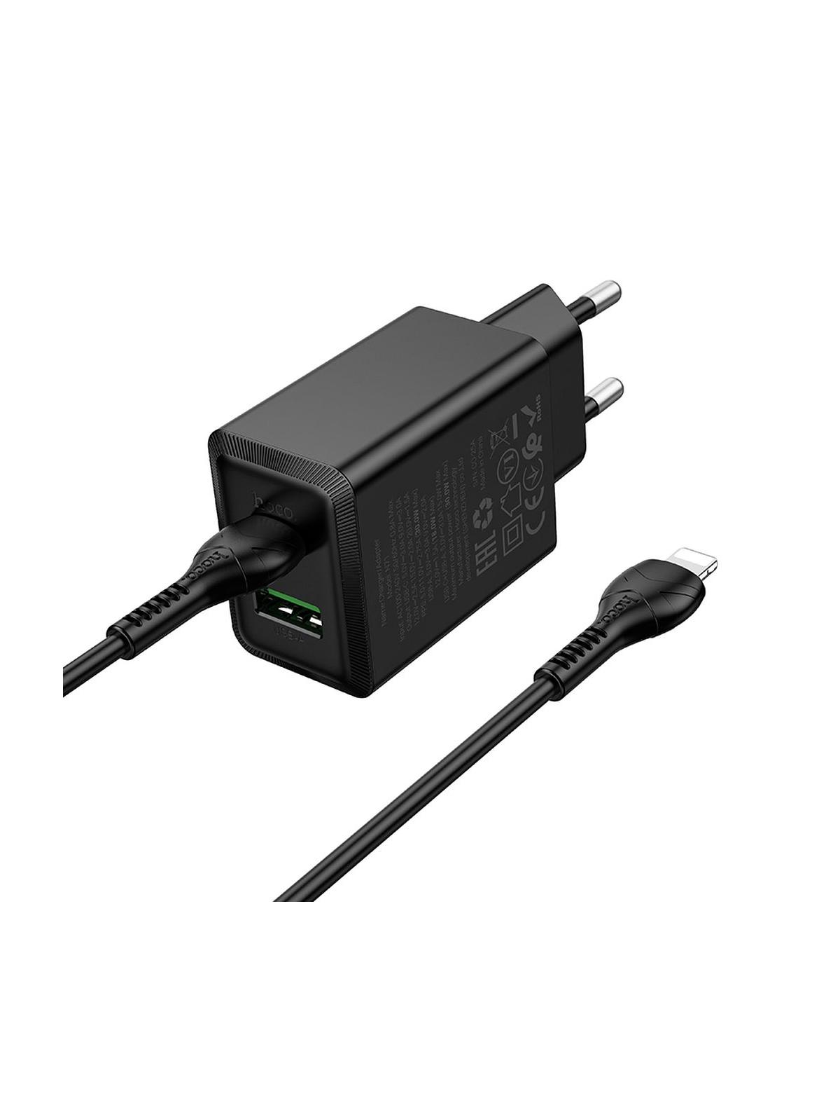 Ładowarka sieciowa do telefonu Hoco USB A + USB C QC3.0 PS AFC 3A 30W + kabel USB C do USB C N71 czarna