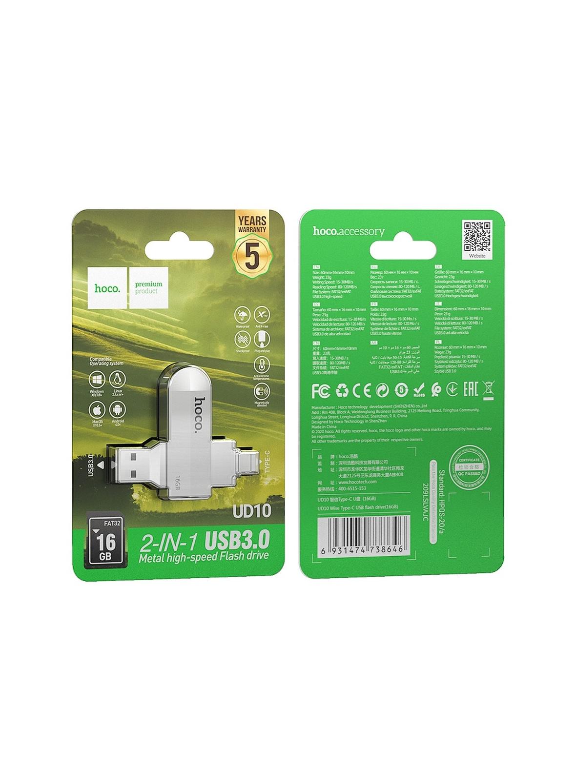 Pendrive 16GB USB 3.0 (USB A + USB C) Hoco UD10 srebrny