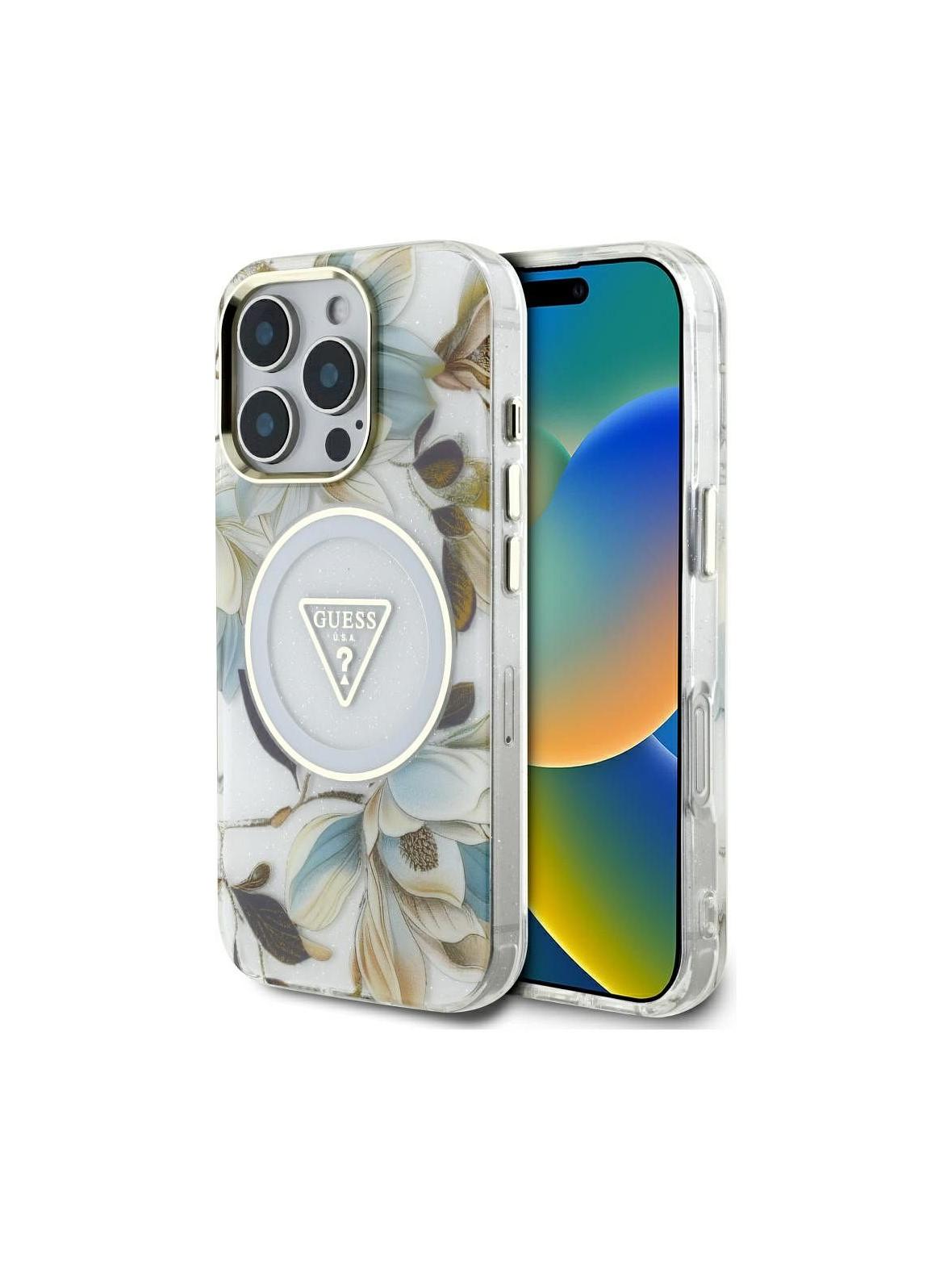 GUESS futerał do IPHONE 16 Pro Max kompatybyliny z MagSafe GUHMP16XHFLPEDH (IML Metal Glitter Flowers Triangle) biały