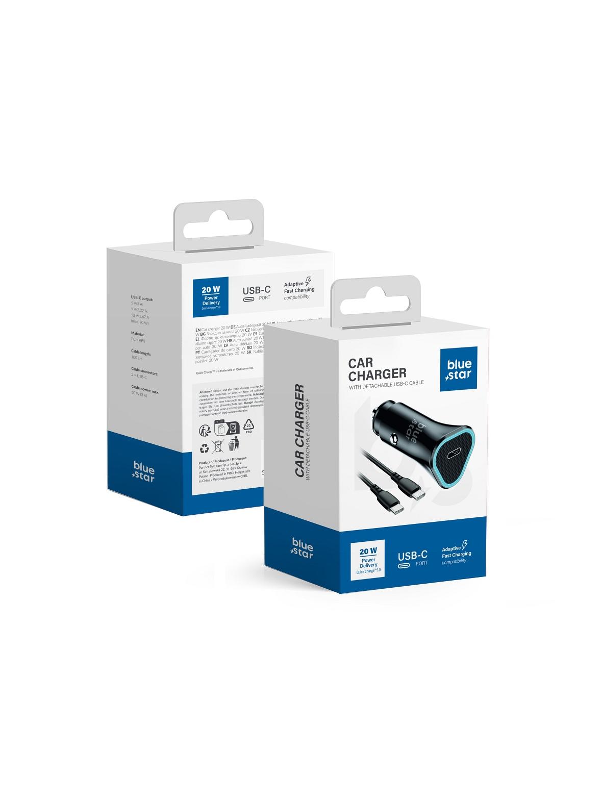 Ładowarka samochodowa Blue Star USB C QC3.0 PD AFC 3A 20W + kabel USB C do USB C czarna