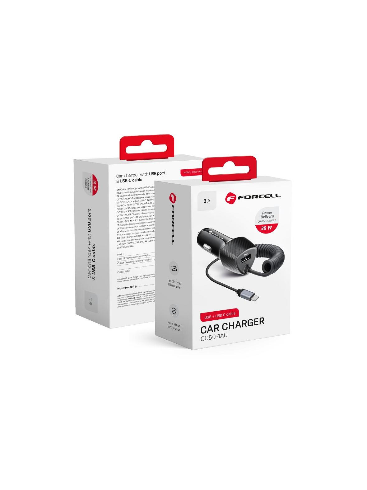 Ładowarka samochodowa Forcell F-Energy Carbon USB A QC3.0 PD 3A 38W z kablem USB C CC50-1AC czarna