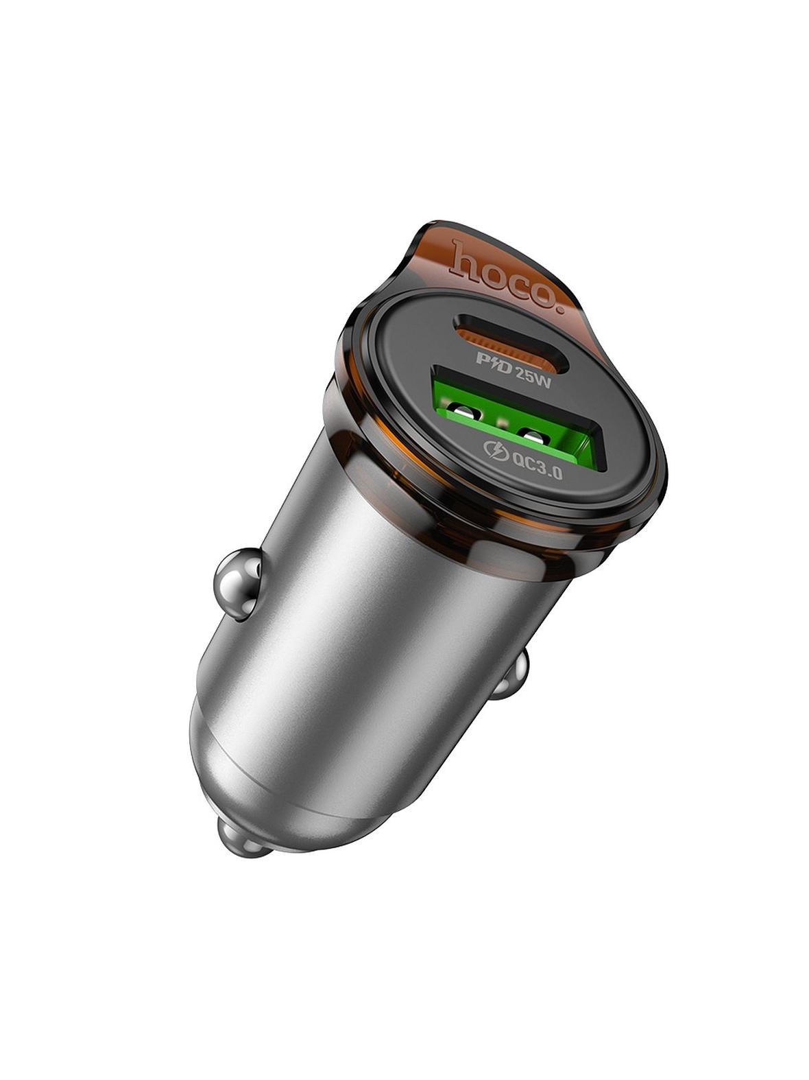 Ładowarka samochodowa Hoco USB A + USB C QC3.0 PD 43W + kabel USB C do USB C NZ16A szara