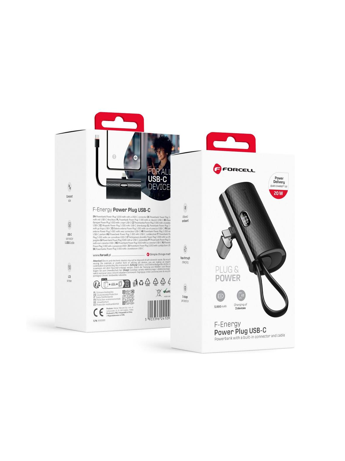 Powerbank Forcell F-Energy Power Plug F5K3 PD 20W 5000 mAh z wbudowanym złączem USB C czarny