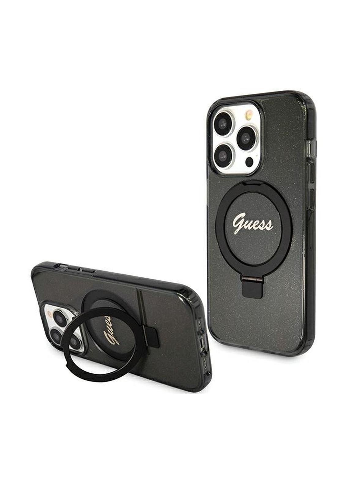 GUESS futerał do IPHONE 15 Pro Max kompatybilny z MagSafe GUHMP15XHRSGSK do iPhone 15 Pro Max (Kompatybilny z Magsafe / Glitter Script Logo / Ring stand / czarny)