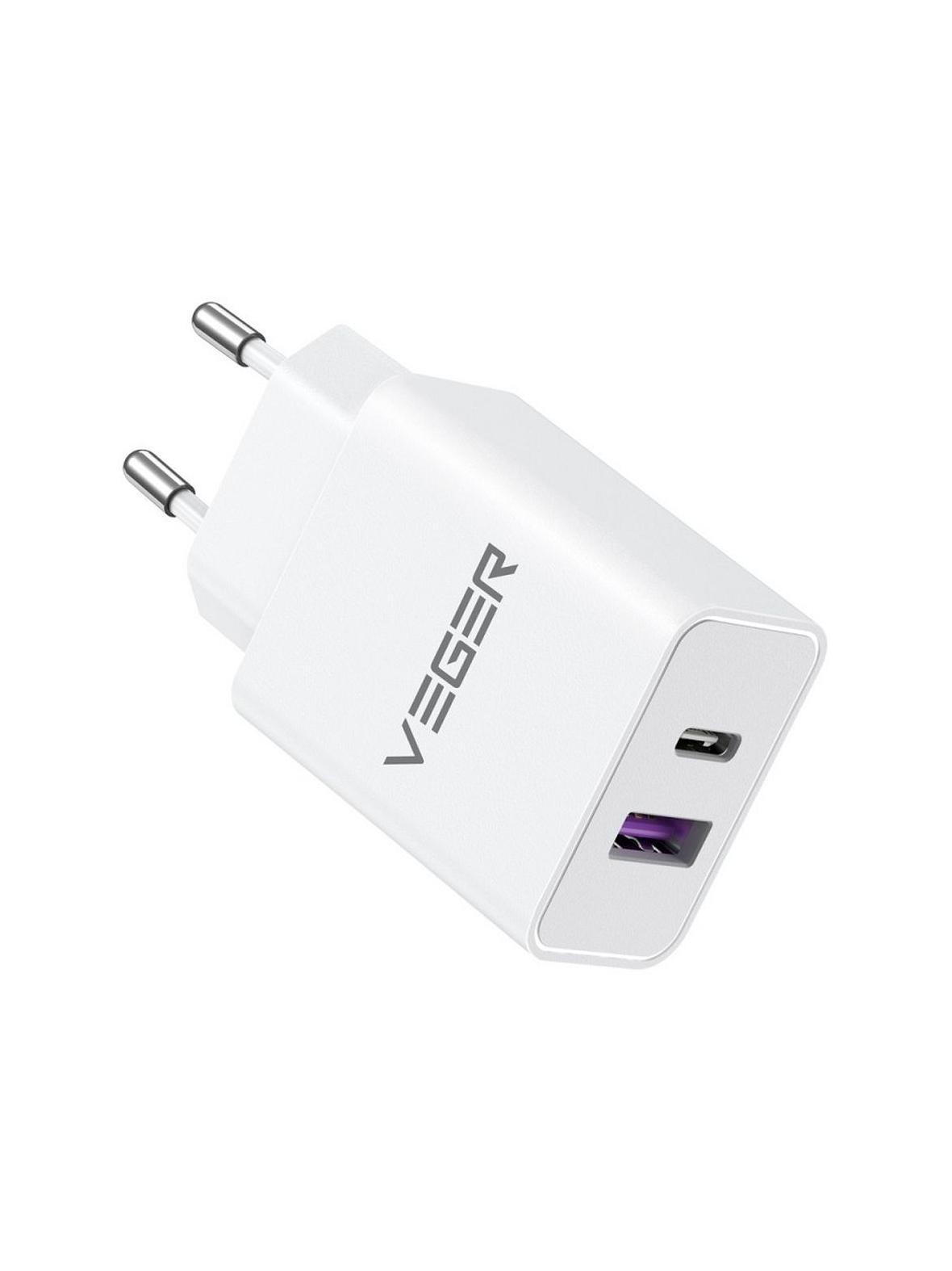 Ładowarka sieciowa do telefonu VEGER USB A + Typ C PD QC3.0 3,25A 65W TCE650 biała