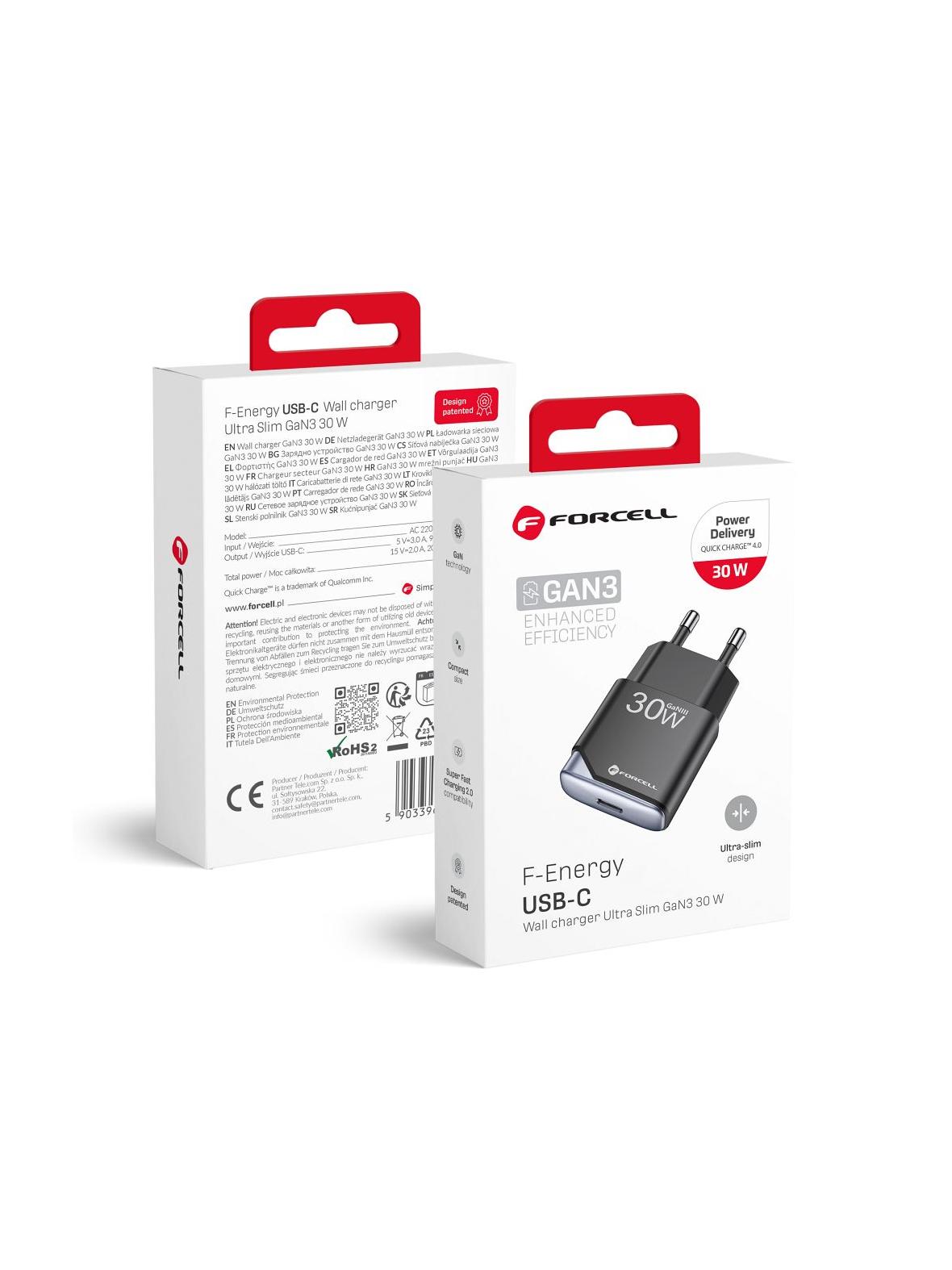 Ładowarka sieciowa do telefonu Forcell F-Energy Ultra Slim GaN III USB C PD QC4.0 3A 30W B130101-E czarna