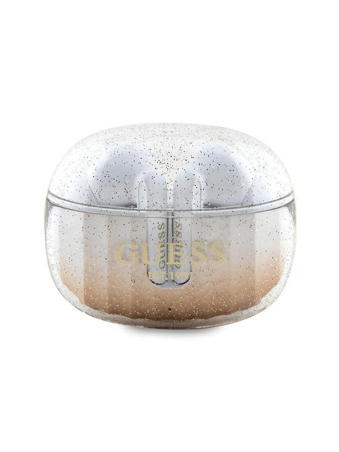 Słuchawki bezprzewodowe douszne Guess TWS + stacja dokująca GUTWSHDGKEED (Glitter gradient) złote