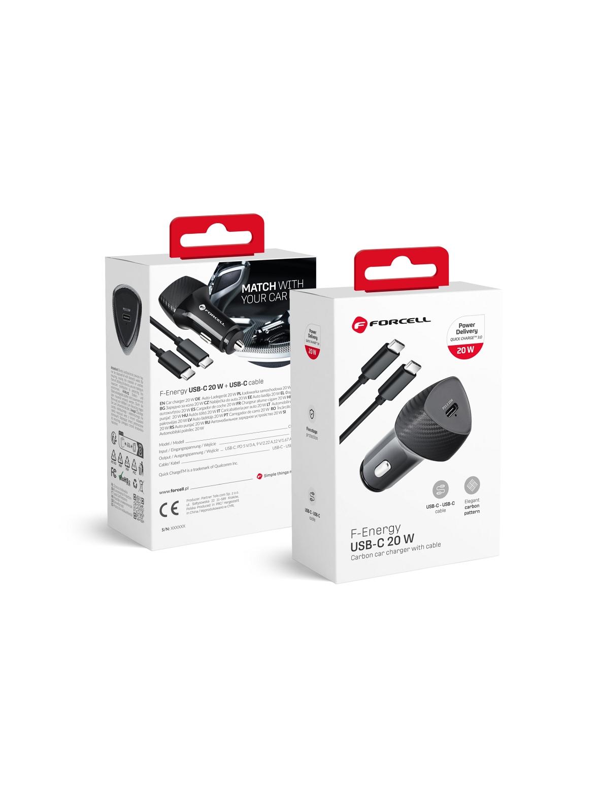 Ładowarka samochodowa Forcell F-Energy Carbon USB C QC3.0 PD 3A 20W + kabel USB C do USB C CC50-1C czarna