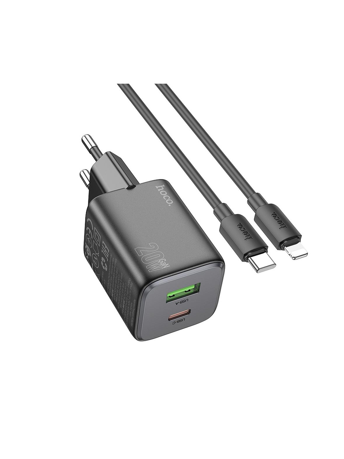 Ładowarka sieciowa do telefonu Hoco USB A + USB C QC PD 3A 20W + kabel USB C do Lightning N41 czarna