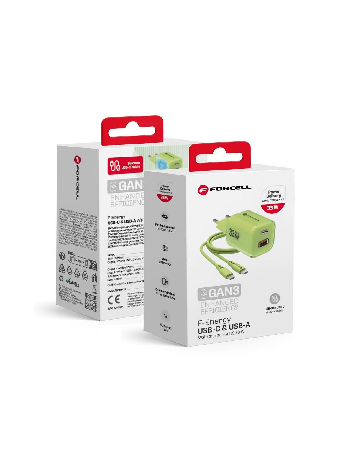 Ładowarka sieciowa do telefonu Forcell F-Energy GaN III Crystal Color USB C + USB A QC4.0 PD 33W + kabel USB C do USB C VT-41 zielona 0INT