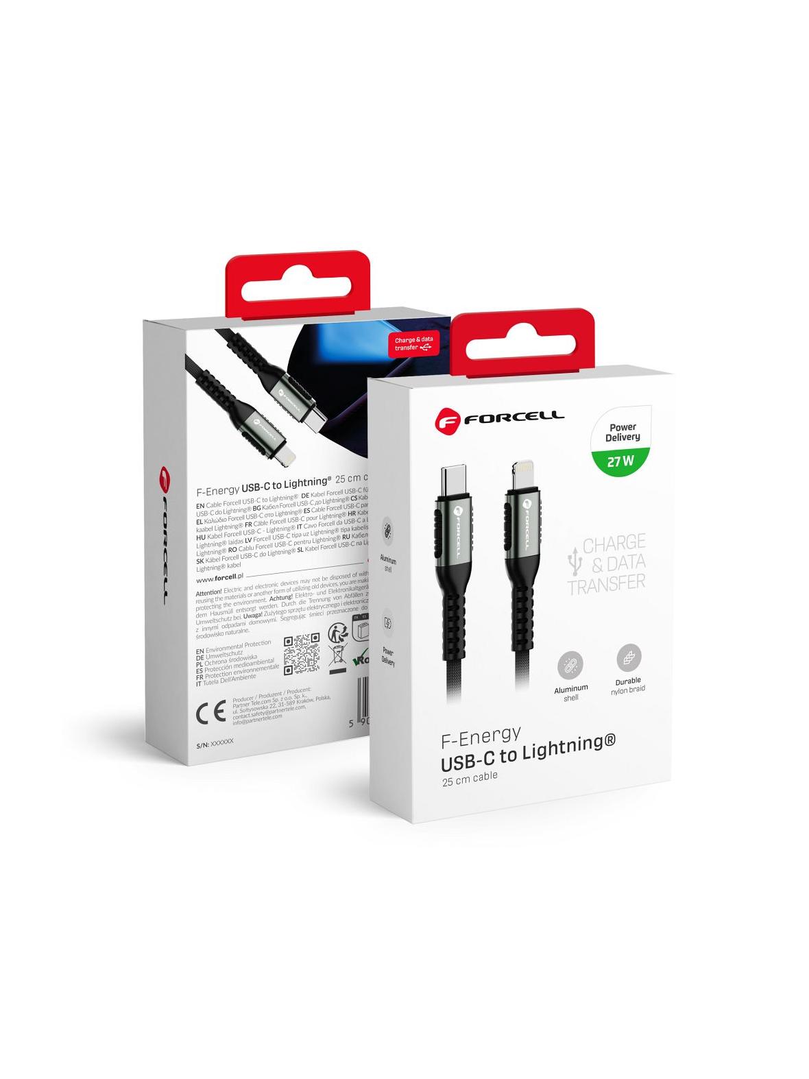 Kabel USB C do Lightning Forcell F-Energy PD 3A 27W Cafule 0,25 m C259 czarny