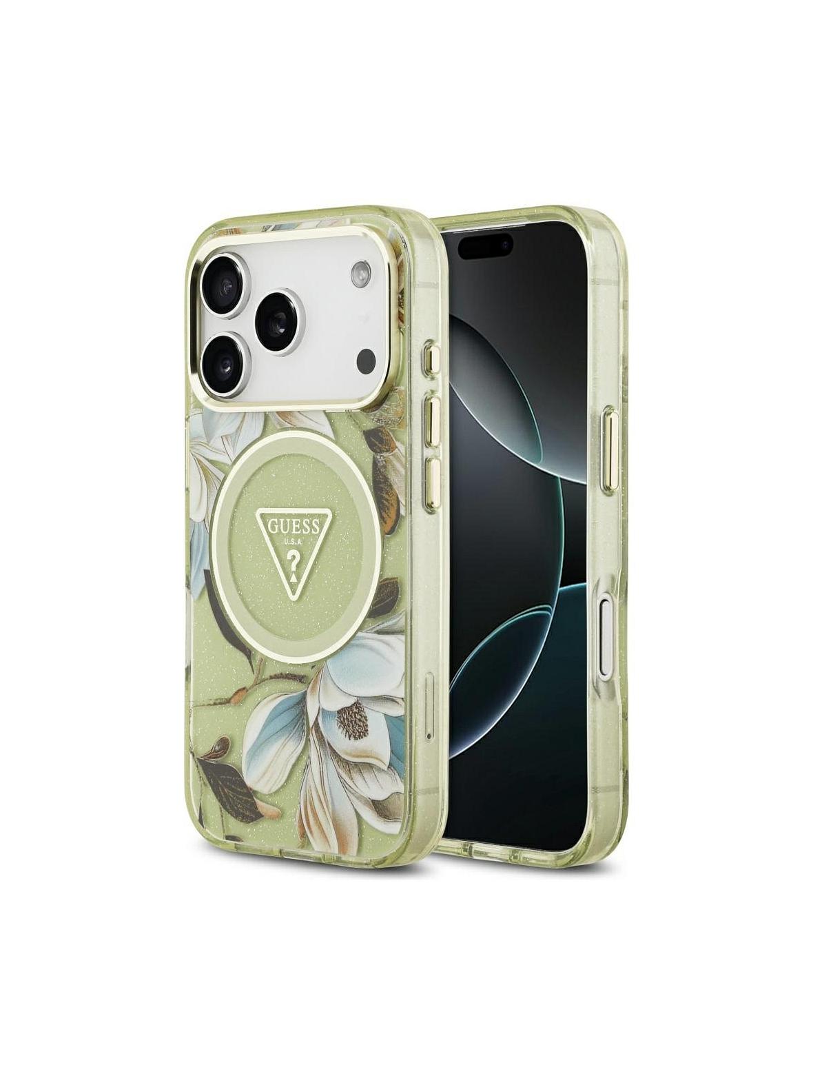 GUESS futerał do IPHONE 17 Pro kompatybilny z MagSafe GUHMP17LHFLPEDN (IML Metal Glitter Flowers Triangle) zielony
