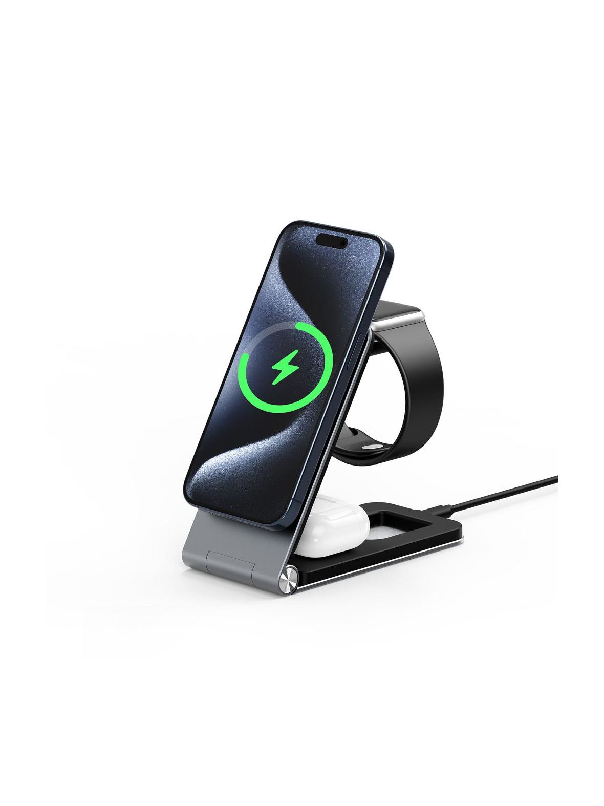 DUZZONA W22 - aluminiowa ładowarka indukcyjna, składana 3w1, kompatybilna z MagSafe 15W czarna