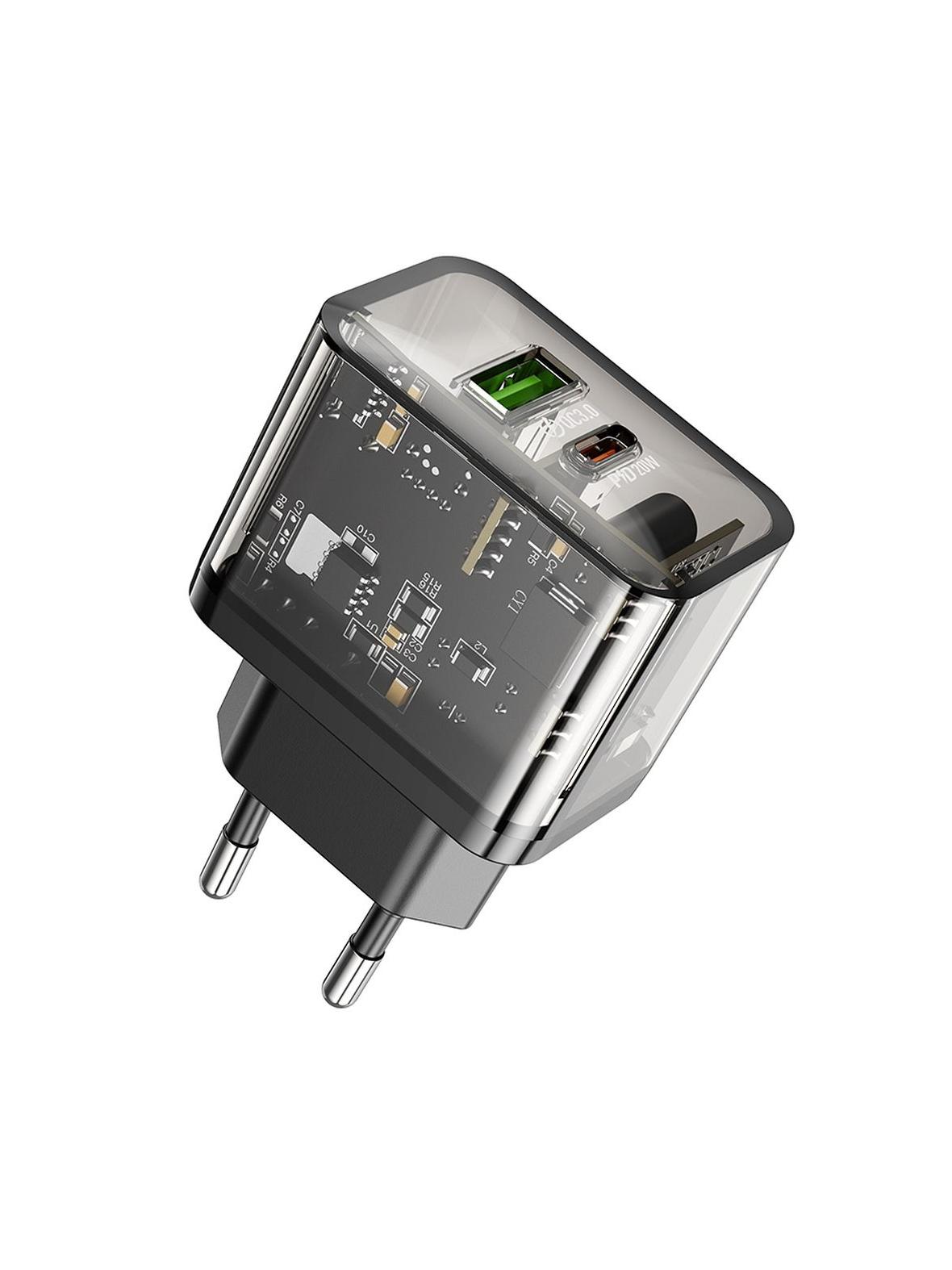 Ładowarka sieciowa do telefonu Hoco USB A + USB C QC3.0 PD 3A 20W N34 transparentna