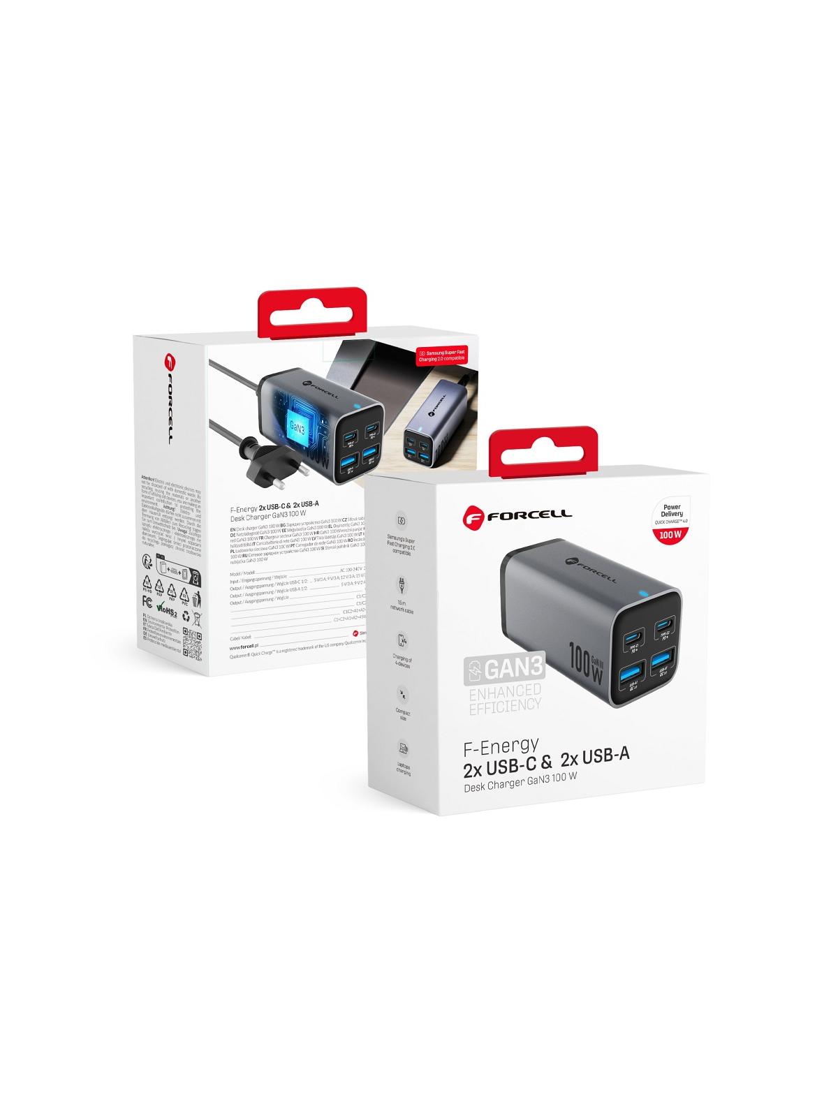 Ładowarka biurkowa Forcell F-Energy GaN III 2 x USB C + 2 x USB A QC4.0 PD 5A 100W VT-49 szara