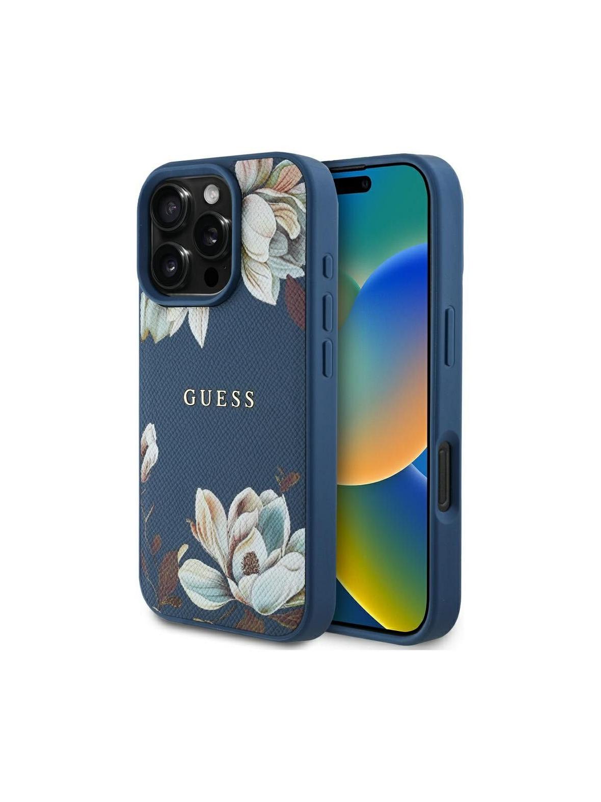 GUESS futerał do IPHONE 16 Pro Max kompatybilny z MagSafe GUHMP16XPGNMPLMB (PU Grained Flowers Classic Logo) niebieski