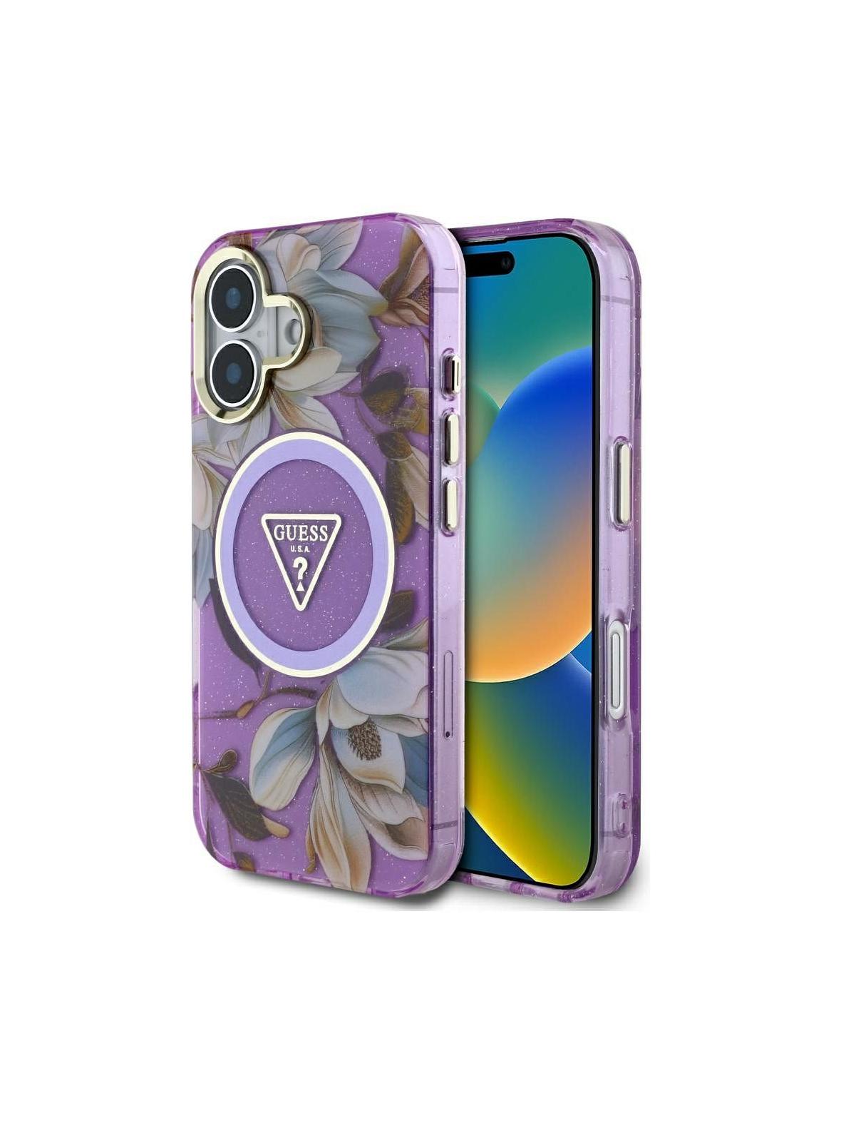 GUESS futerał do IPHONE 16 kompatybyliny z MagSafe GUHMP16SHFLPEDU (IML Metal Glitter Flowers Triangle) fioletowy