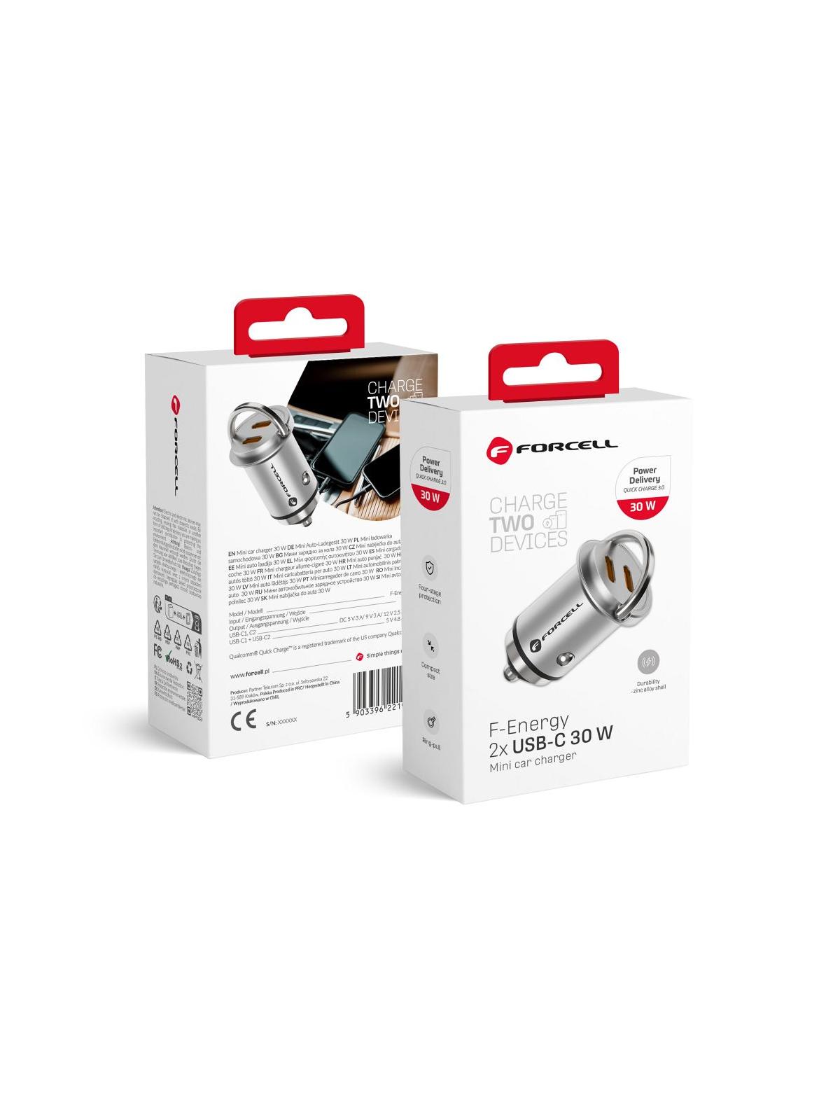 Ładowarka samochodowa Forcell F-Energy Mini 2 x USB C QC3.0 PD 3A 30W srebrna