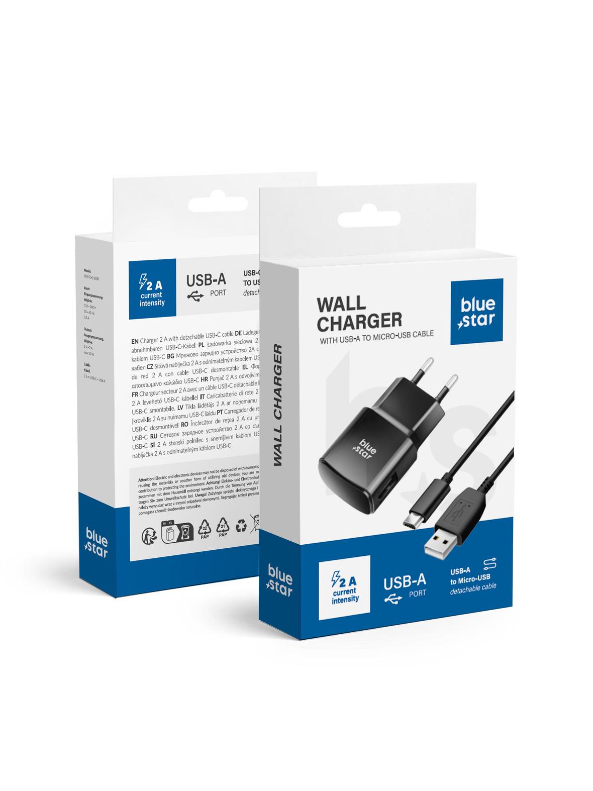 Ładowarka sieciowa do telefonu Blue Star USB A 2A 10W + kabel USB A do Micro USB TFK-TC-1100B czarna