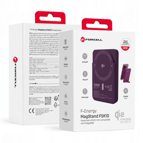 Powerbank zgodny z MagSafe Forcell F-Energy MagStand QI2 F5K10 QC3.0 PD3.0 20W 5000 mAh burgundowy 0INT
